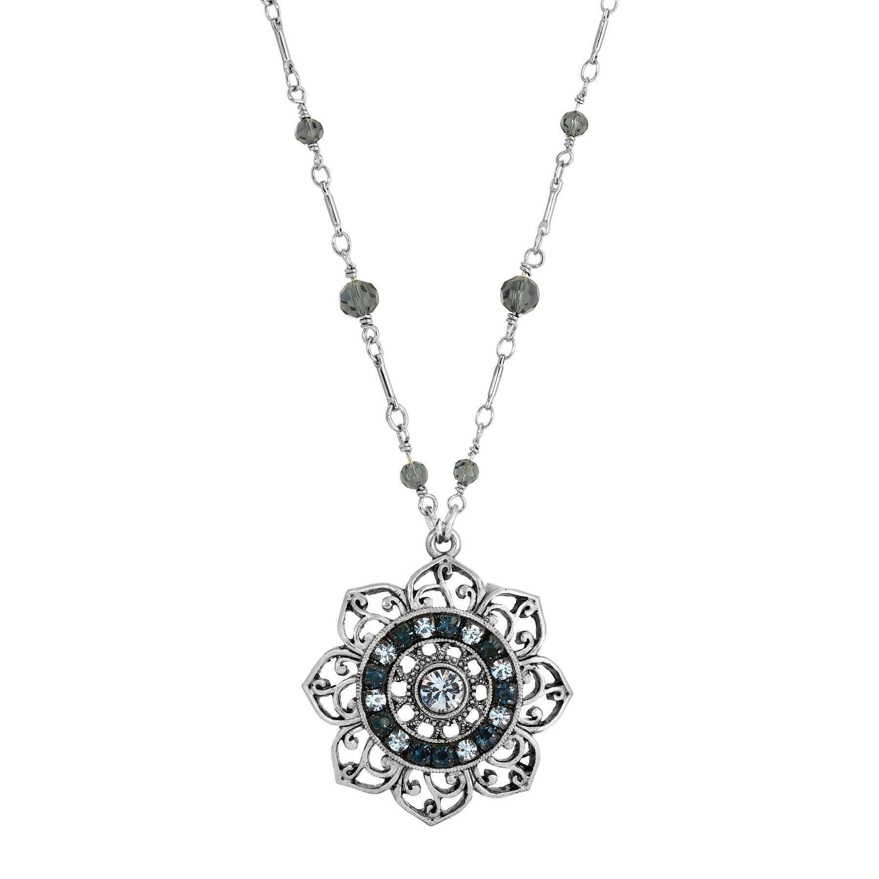 1928 Majestic Blue Crystal & Beaded Pendant Necklace - 18