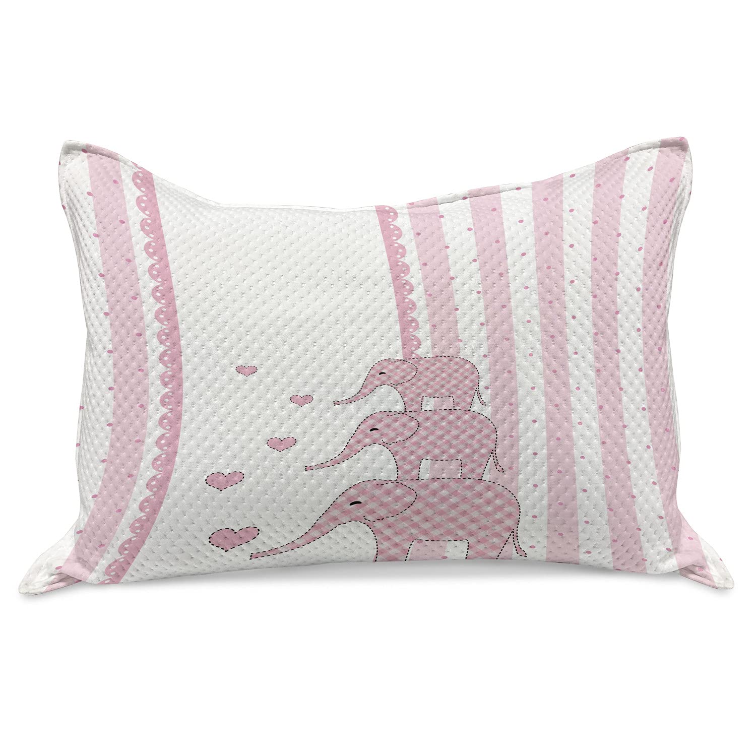 Ambesonne Animal Cartoon Knitted Quilt Pillow Cover - Vertical Striped Retro Design with Hearts, Standard King Size 36x20 Inches, Pale Pink & White - Perfect for Bedroom Decor, Nursery, or Cozy Living Room Accent