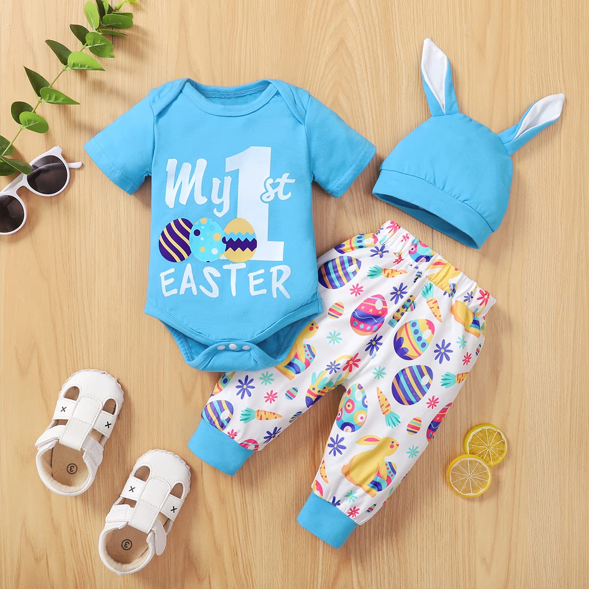 Truly One Baby Boy's First Easter Outfit - Adorable Easter Egg Print Romper & Hat Set for Newborns & Infants - Perfect for Easter Photos, Church, Family Gatherings & Spring Celebrations
