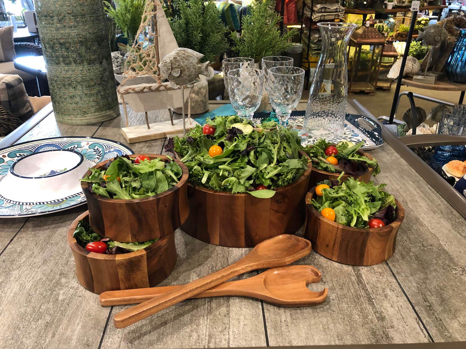 12-Inch Acacia Wood Curved Extra Large Salad Bowl Set with 4 Matching Bowls - Perfect for Family Dinners, Entertaining Guests & Healthy Meal Prep