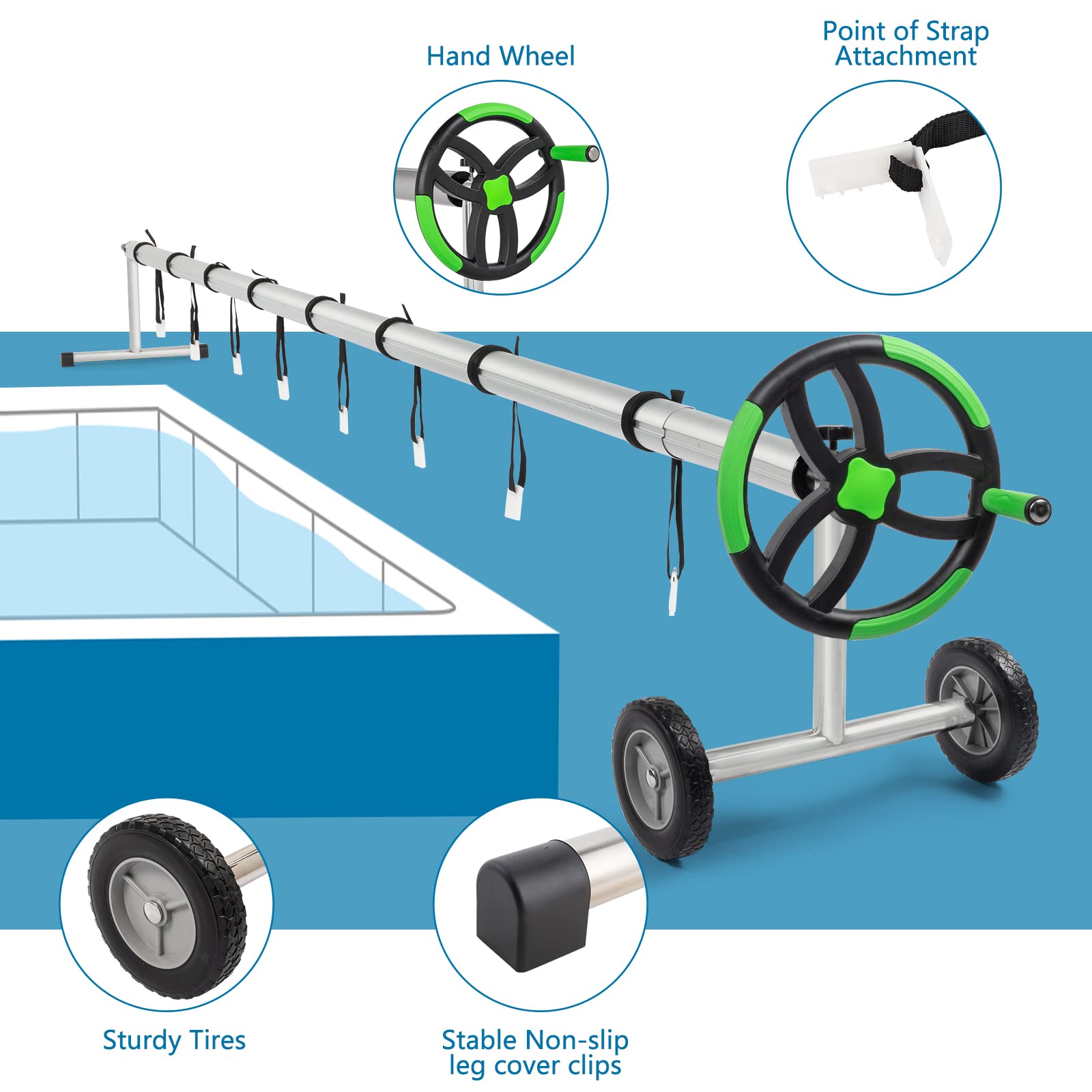 Outvita 18 FT Solar Pool Cover Reel for Inground & Above Ground Swimming Pools - Heavy Duty Aluminum Roller with Black & Green Blanket - Easy Pool Maintenance & Winter Protection