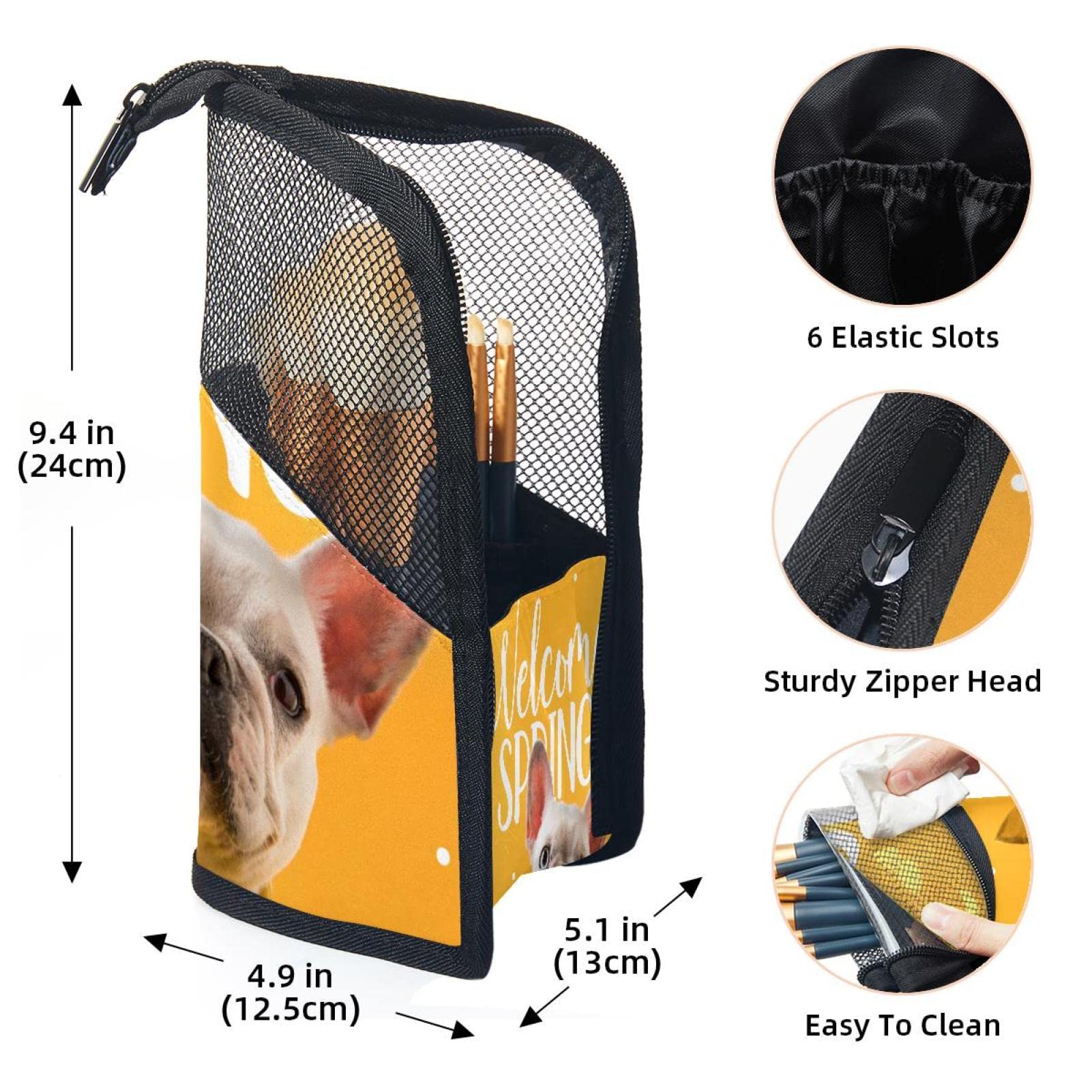 Portable Makeup Brush Organizer Bag with 12 Slots - French Bulldog & Spring Tulips Design - Travel Cosmetic Brush Holder Case for Makeup Artists & Beauty Enthusiasts (Perfect for Travel, Home Vanity & Professional Use)