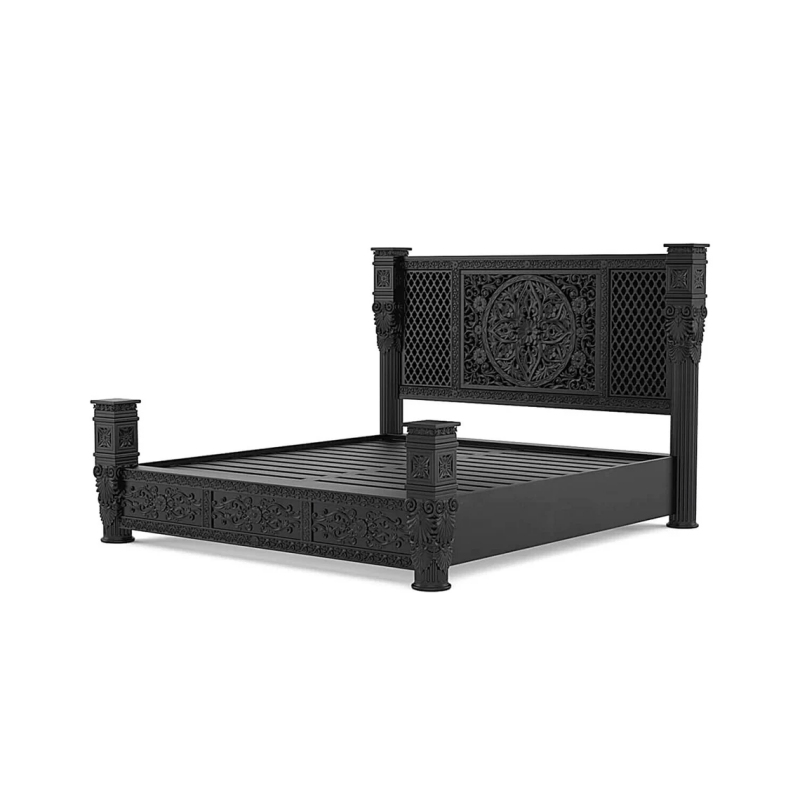 Hand Carved Solid Wood Bedroom Bed Frame - Elegant Black Finish with Intricate Carvings | Perfect for Master Bedrooms, Guest Rooms & Luxury Home Decor
