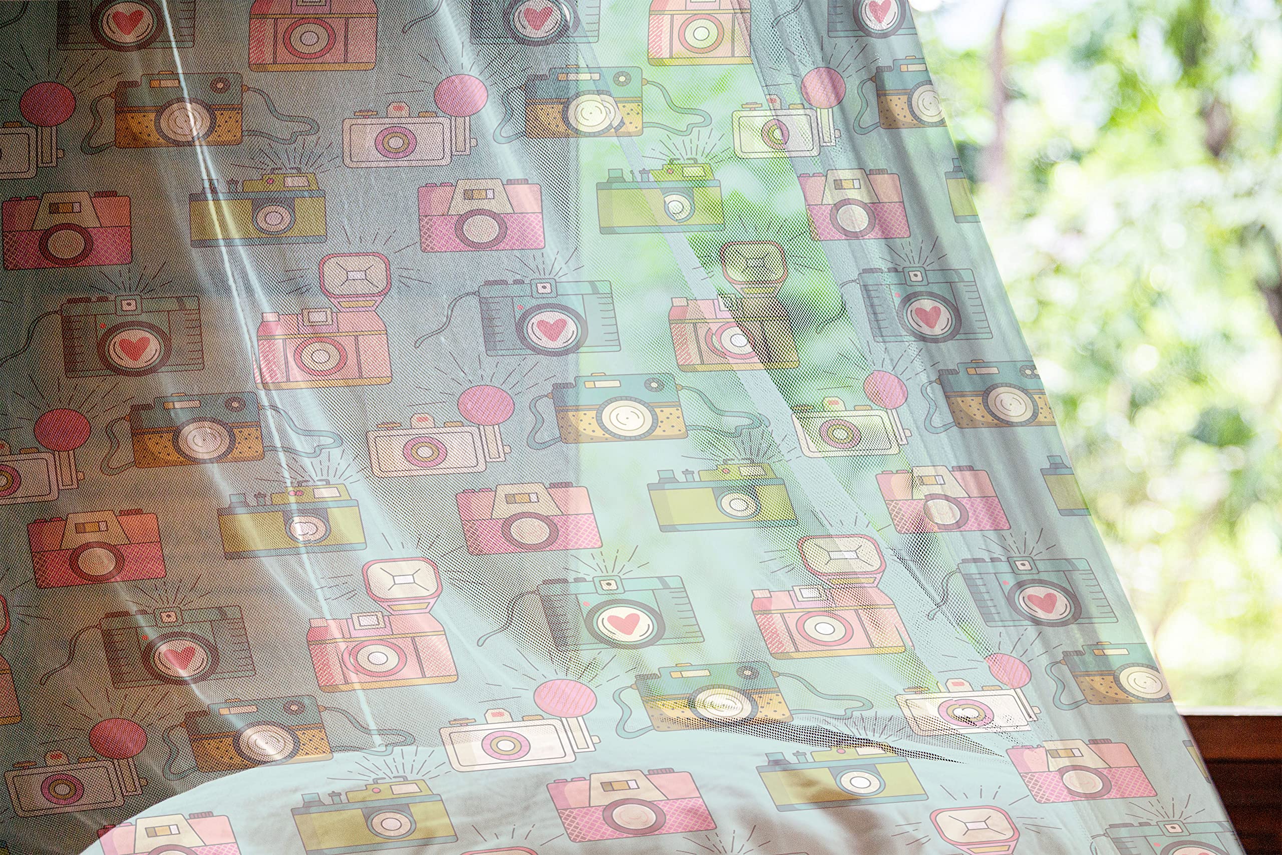 Ambesonne Retro Tulle Curtains with Rod Pocket - Vintage Camera Doodle Print Sheer Drapes for Living Room, Bedroom & Wedding Decor - 108