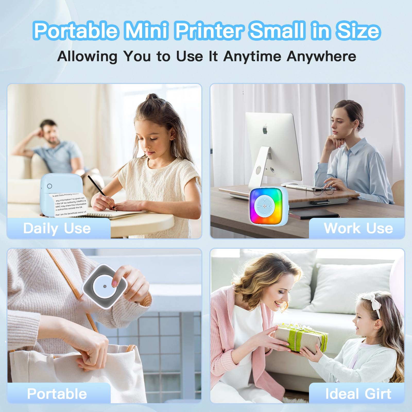 Mini Sticker Printer with 6 Rolls Paper - Portable Thermal Label Maker for DIY Scrapbooking, Travel Journaling, Note Taking & Memos - 7 Color LED Light Modes - iOS & Android Compatible - Perfect for Home Office, School Projects & Gift Giving