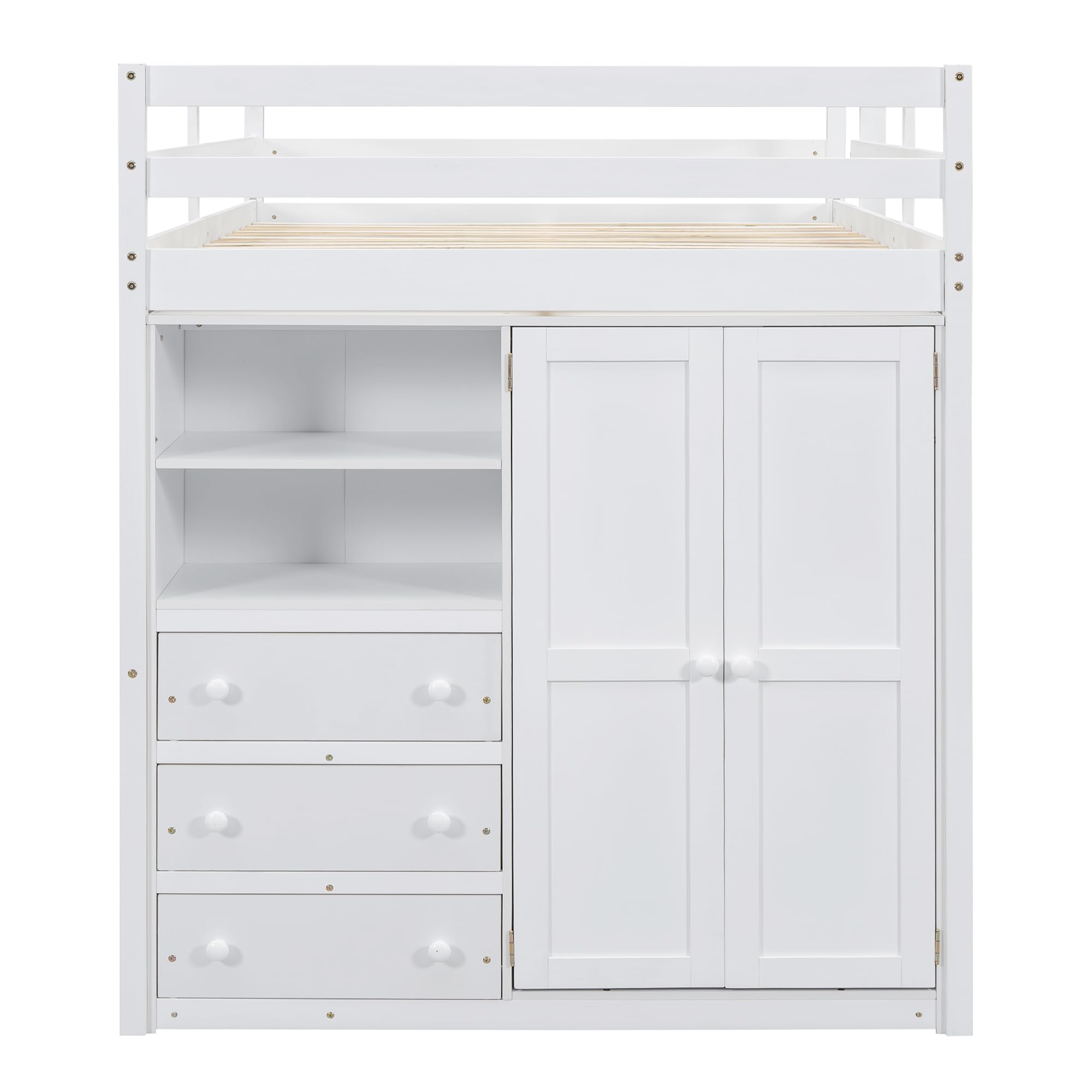 Full Size Wooden Loft Bed with Desk, Built-in Wardrobe & Storage Drawers - Space Saving Kids/Teens Bedroom Furniture with Shelves (White) - Perfect for Small Rooms, Dormitories & Studio Apartments