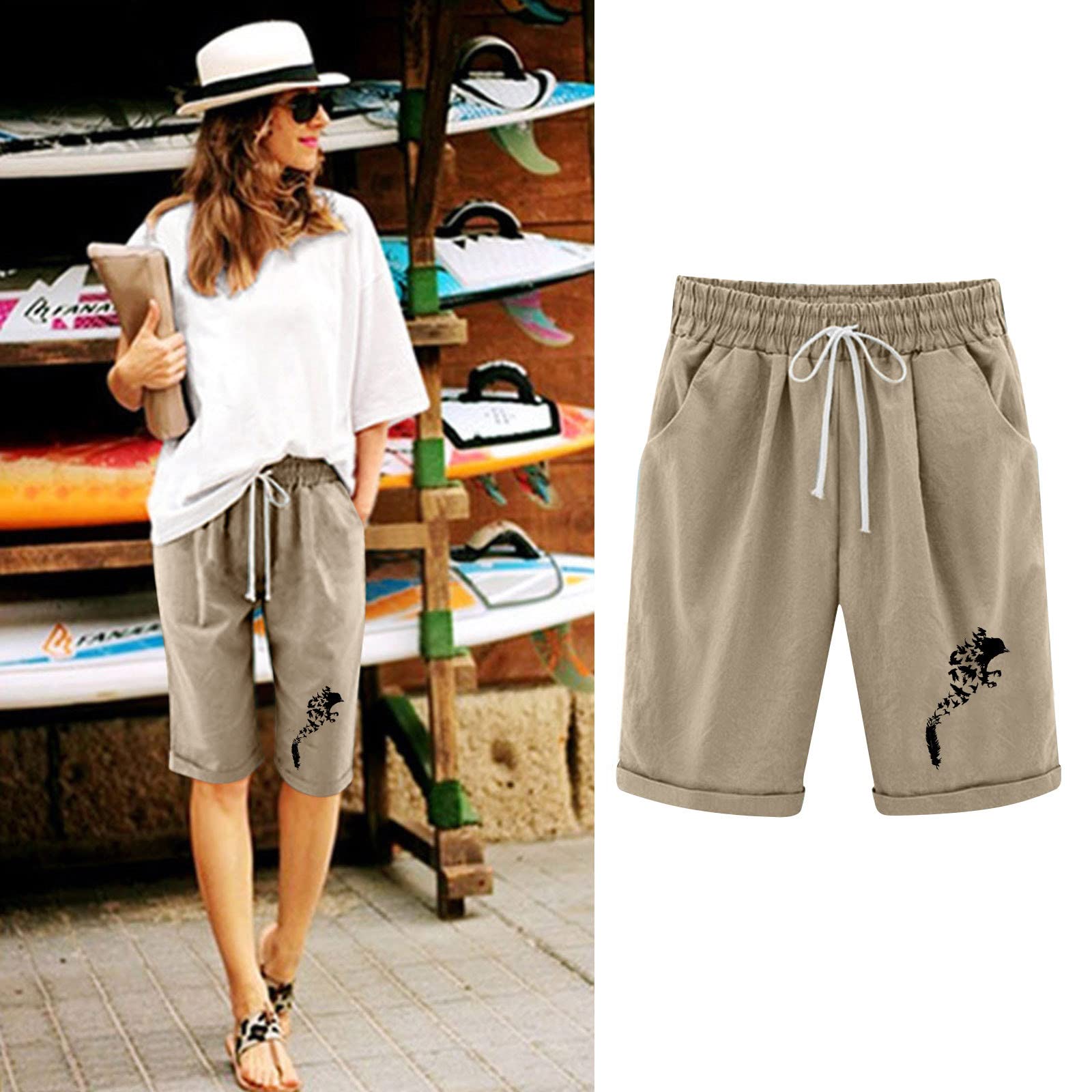 Women's Cotton Linen Bermuda Shorts with Pockets - Summer Casual Wear