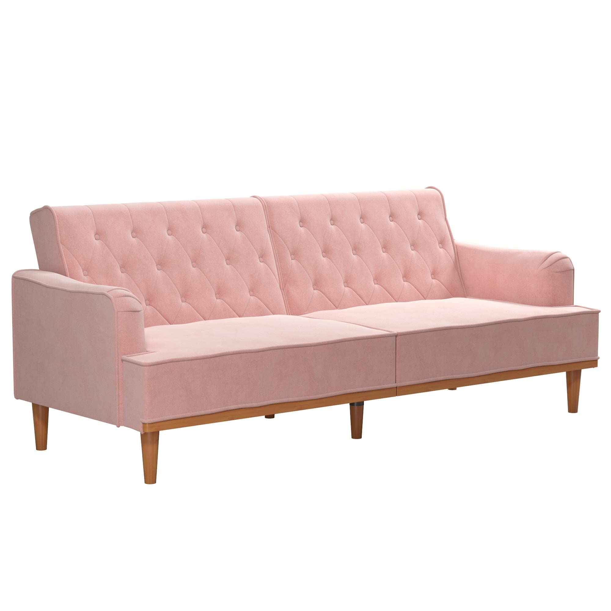 Mr. Kate Stella 80 Inch Velvet Futon Sofa Bed - Modern Upholstered Convertible Sleeper with Button Tufted Back & Wood Trim, Pink | Perfect for Small Apartments, Guest Rooms & Cozy Living Spaces