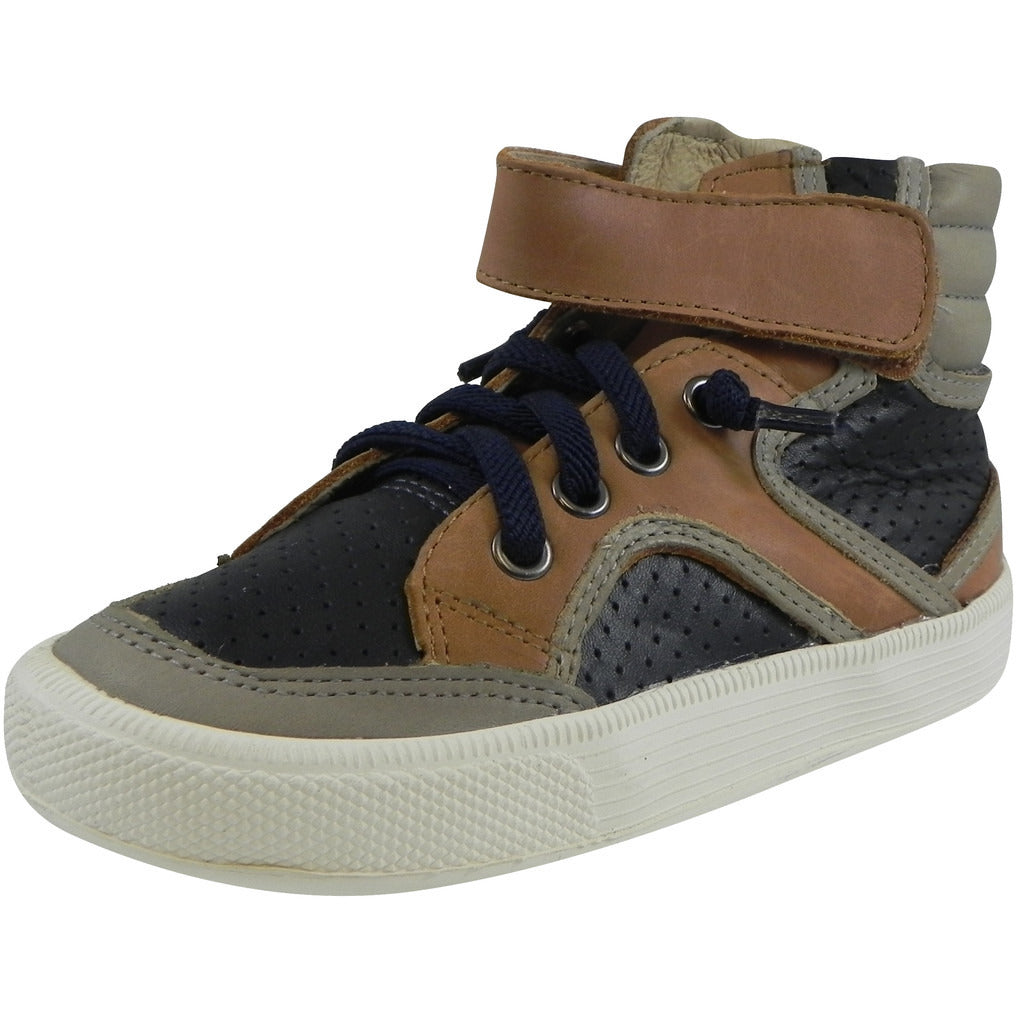 Old Soles 1027 Boys' High-Top Leather Sneakers - Tan, Navy & Grey Lace-Up Shoes for Kids | Durable & Stylish School Shoes, Playground & Casual Wear