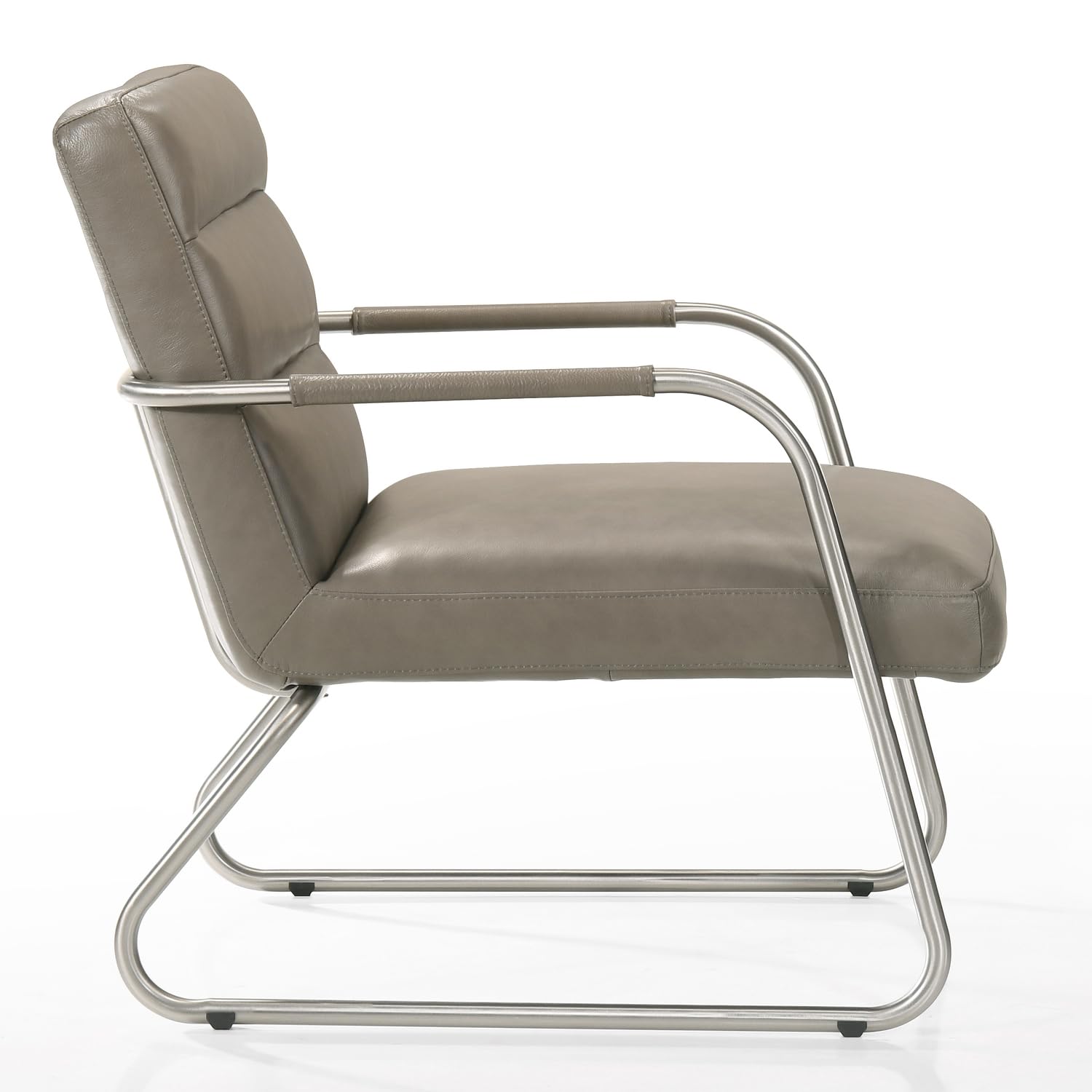 Premium Spencer Stainless Steel & Grey Leather Lounge Accent Chair - Modern Living Room Furniture for Home Office, Reading Nook & Relaxation
