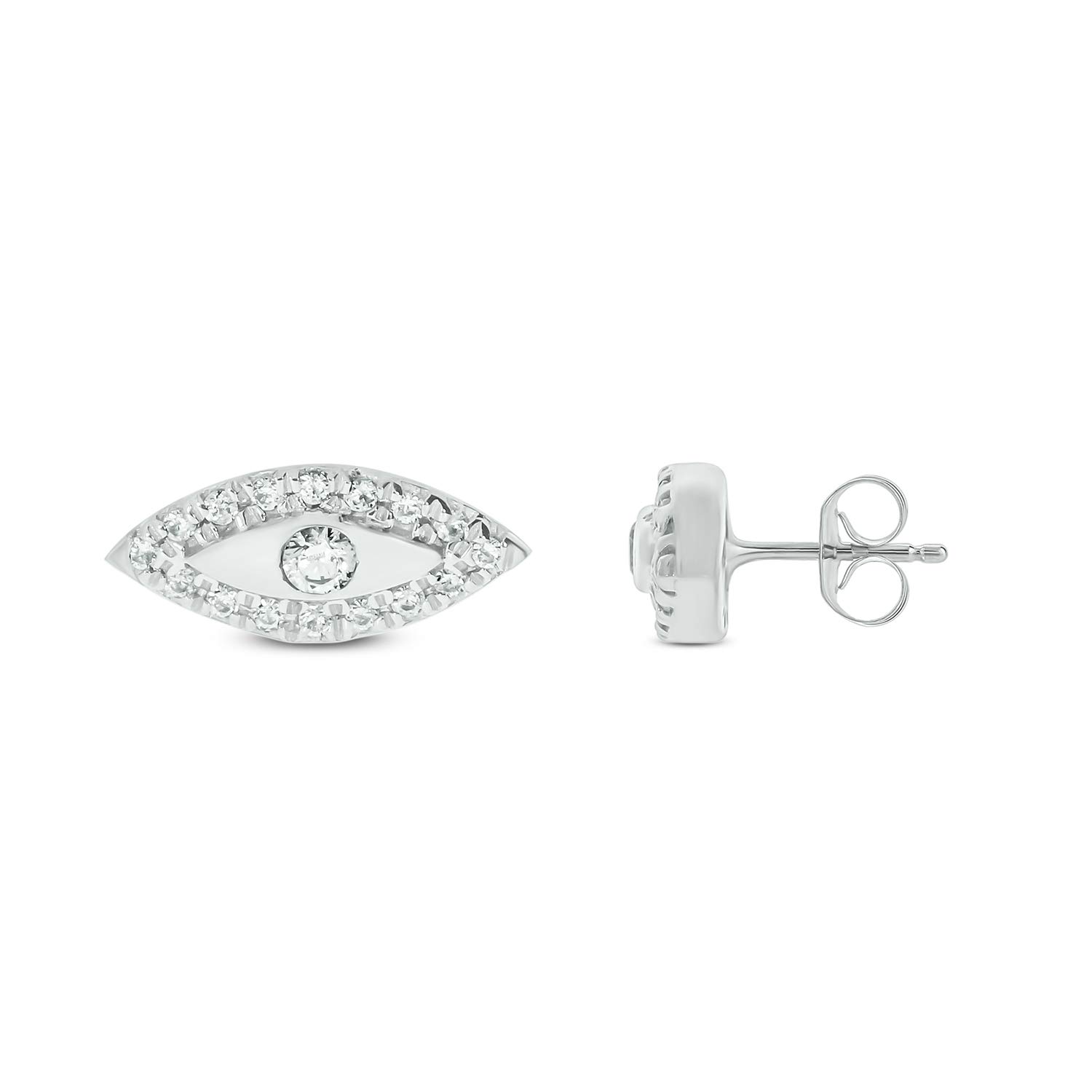 1/6cttw Diamond Evil Eye Stud Earrings for Women - 14k Yellow, Rose & White Gold - Small Miracle Plate Round Diamond Setting - Perfect for Protection & Everyday Wear