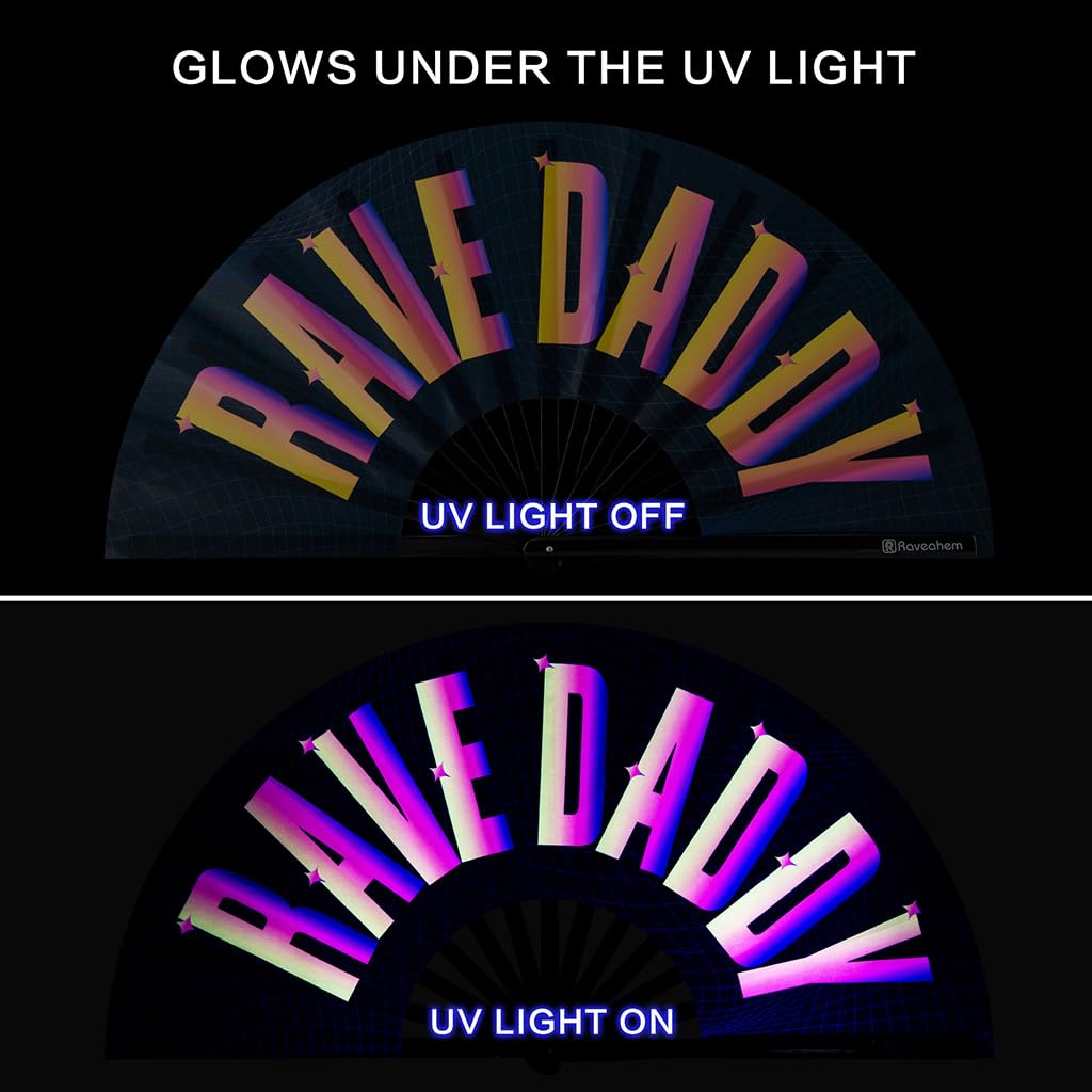 UV Glow Rave Fan - Bamboo Folding Hand Fan for Men & Women, 13