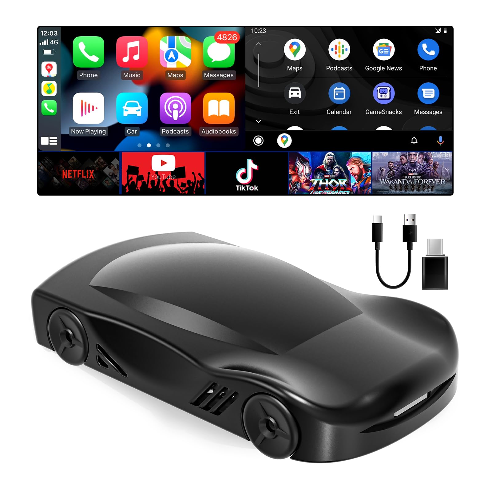 Wireless CarPlay Adapter for iPhone & Android Auto - Plug & Play Multimedia Box with Google Play, Netflix, YouTube, MirrorLink Support - Compatible with Android 11 OS & TF Card - Perfect for Streaming, Navigation & Hands-Free Driving