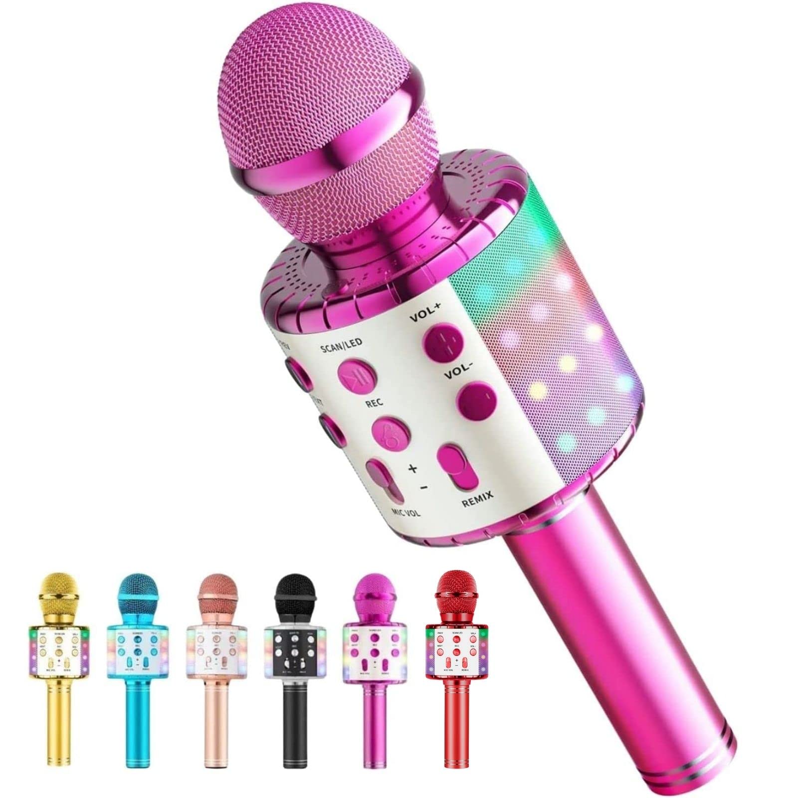 Wireless Bluetooth Karaoke Microphone with LED Lights for Kids - Portable Singing Mic, Recorder & Player for Parties, Birthdays - Perfect Gift for Girls & Boys Ages 4-14 (Rose Red) | Great for Home Karaoke, Travel Entertainment & Family Fun