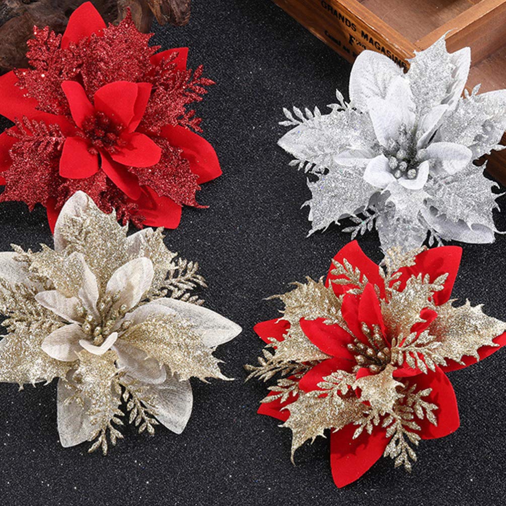 15Pcs Christmas Poinsettias Artificial Flowers - Mini Gold Dust Floral Decor for DIY Garland, Tree, Wreath & Holiday Home Decoration | Perfect for Xmas Party, Mantel, Table Centerpiece