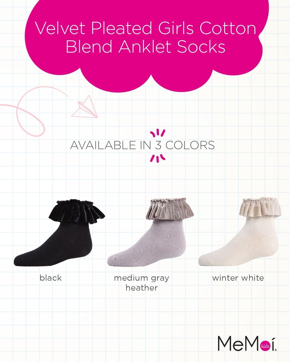 MeMoi Velvet Pleated Ankle Socks for Girls - Soft Cotton Blend Cute Ruffled Socks - Perfect for School, Parties & Everyday Wear