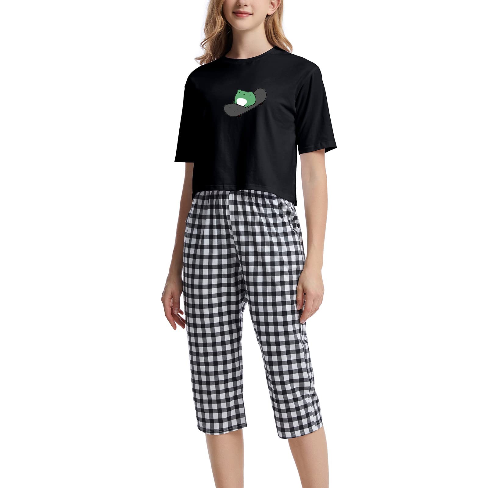 Skateboarding Frog Women's Cotton Pajama Set - Soft Loungewear Sleepwear with Crop T-Shirt & Plaid Capri Pants (Black) | Perfect for Sleepovers, Relaxing at Home & Cozy Nights