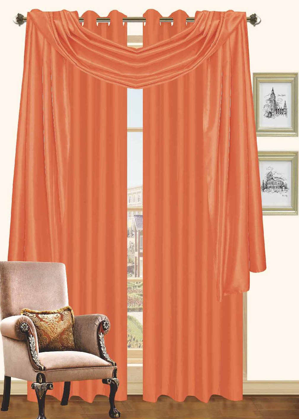 Kashi Home Holly Window Scarf - Orange Decorative Window Drape for Living Room, Bedroom & Kitchen - Elegant Home Decor for Holidays & Everyday Use
