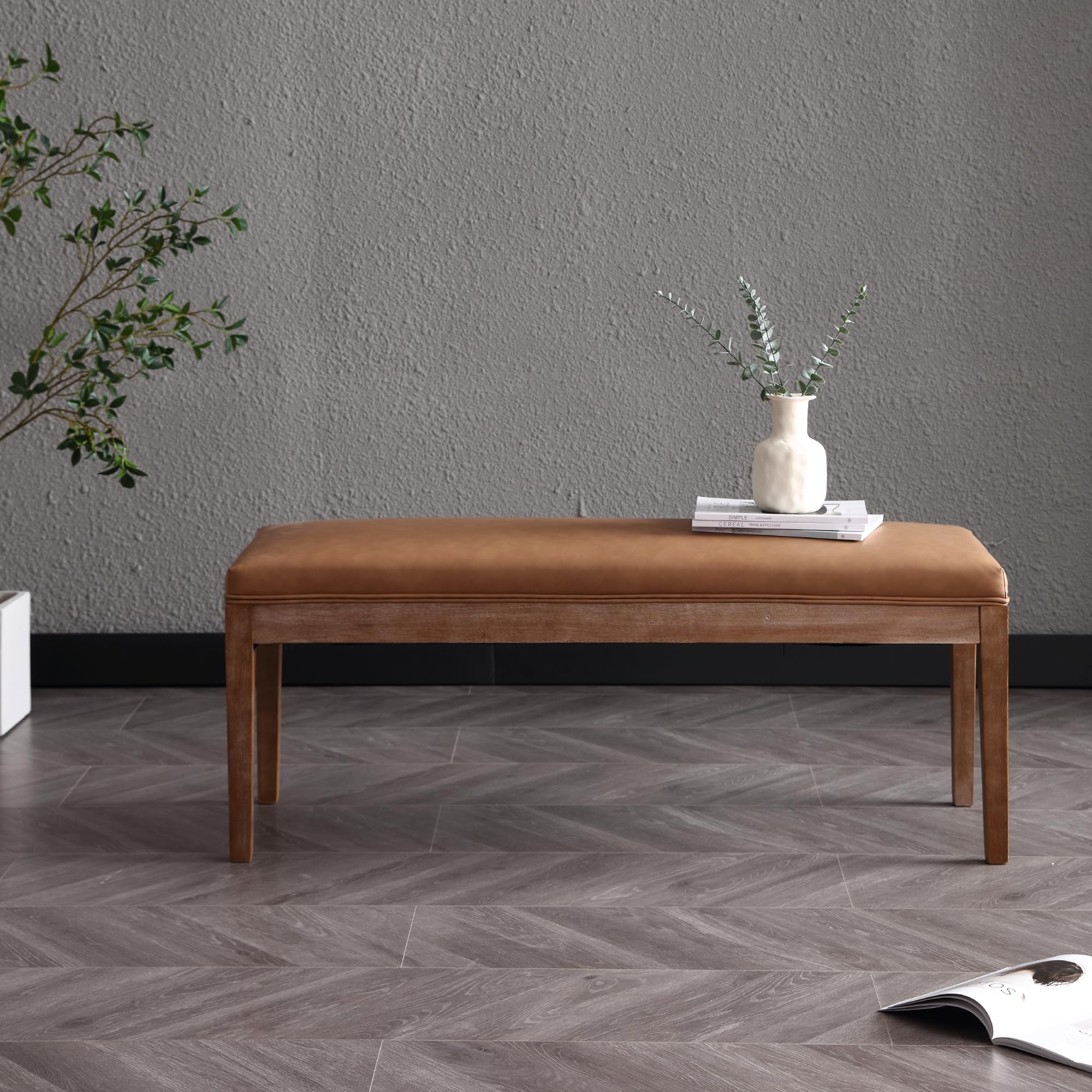 Farmhouse Upholstered Entryway Bench with Wood Legs - Brown PU Leather Shoe Storage Bench for Hallway, Porch, Bedroom, Dining Room | Perfect for Entryway Seating, Shoe Organization, and Extra Dining Seating