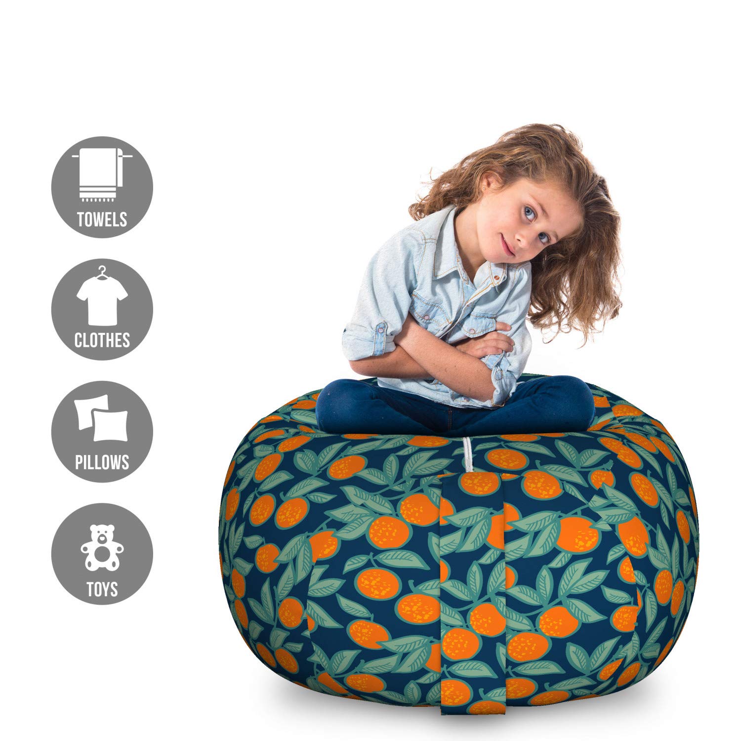 Ambesonne Orange and Blue Storage Toy Bag Chair - Large Washable Stuffed Animal Organizer with Citrus Leaf Design in Dark Teal & Burnt Orange | Perfect for Kids' Room, Playroom, and Toy Organization