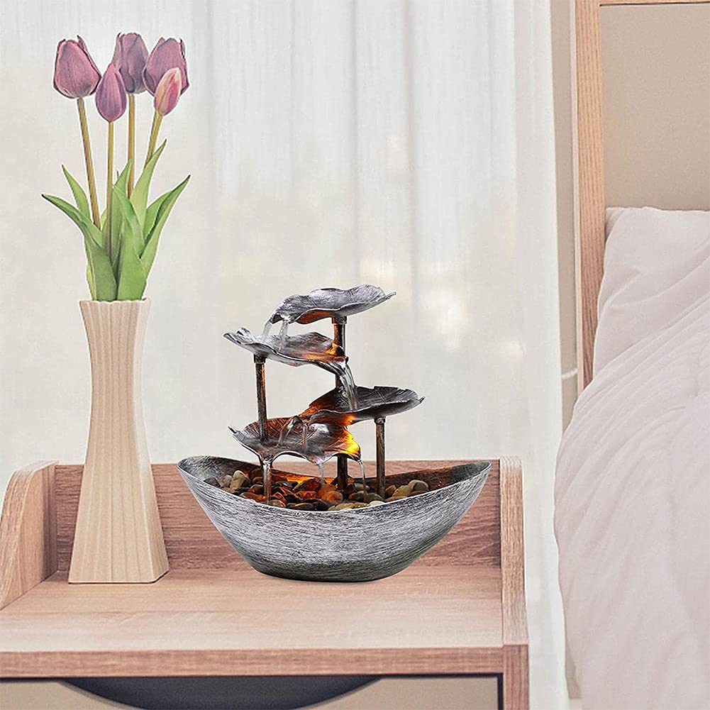 Indoor Tabletop Water Fountain with LED Lights - Lotus Leaf Design Resin Statue for Home, Office & Patio Decor | Relaxing Desktop Water Feature for Stress Relief & Feng Shui (Silver)