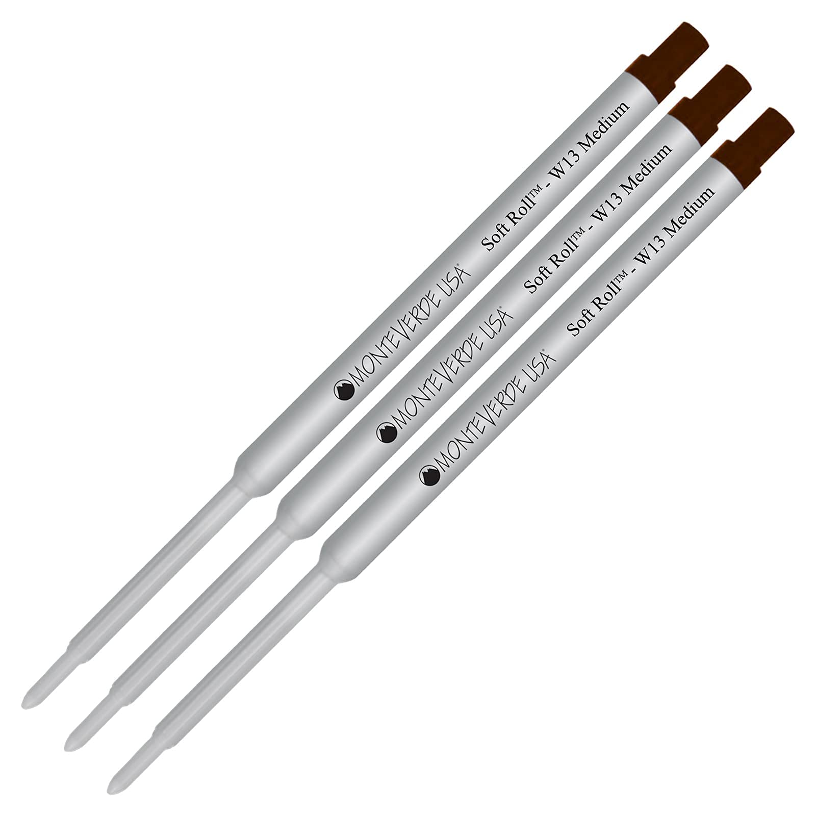 Monteverde Soft Roll Ballpoint Refill 3-Pack - W13 Paste Ink Compatible with Waterman Style Pens - Brown Medium Tip 0.7mm - Ideal for Office, School & Everyday Writing