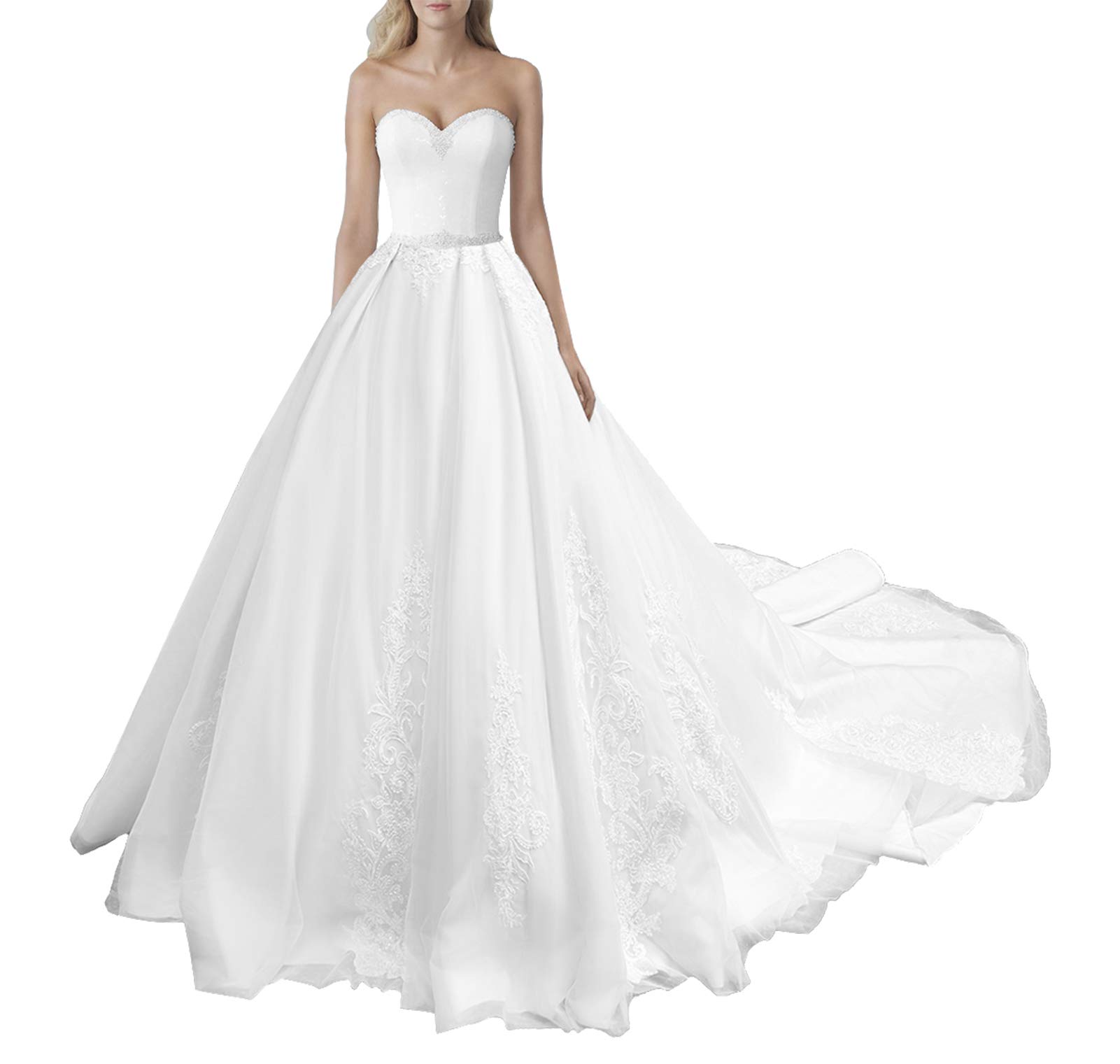 JAEDEN Elegant Satin Lace Wedding Dress for Bride - Sweetheart Neckline A-Line Bridal Gown with Long Train | Perfect for Church Ceremony, Beach Wedding & Formal Reception