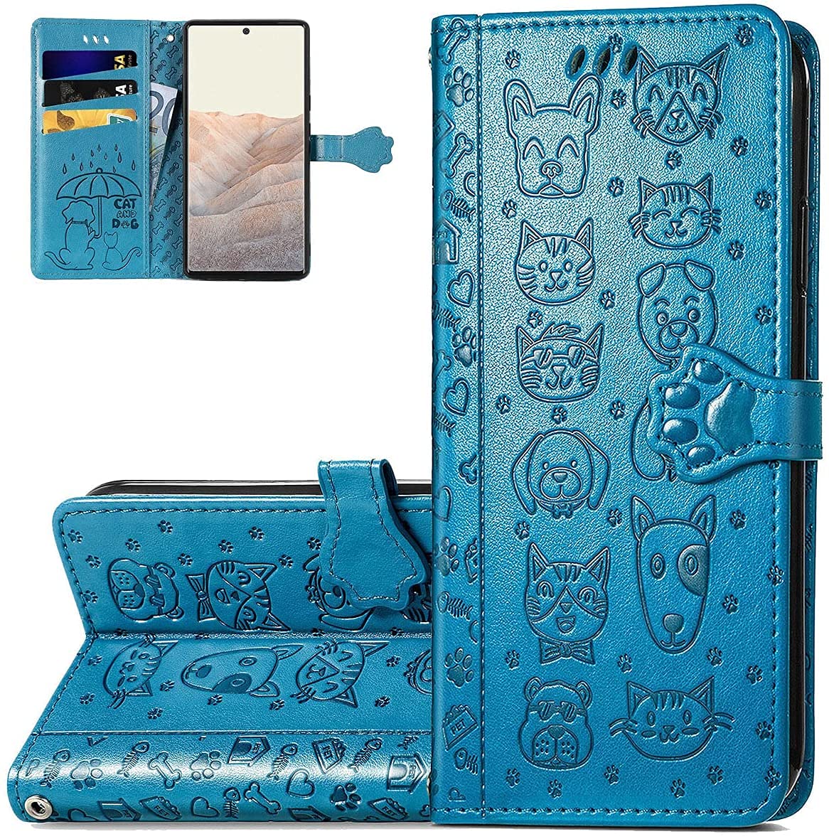 Samsung Galaxy A12 Phone Case - Cute Kawaii Cat Dog Cartoon Girl Flip Wallet Cover with ID Card Holder, Kickstand & Magnetic Clasp | PU Leather Protective Case for Samsung A12 (CD Blue) | Perfect for Daily Use, Travel & Work