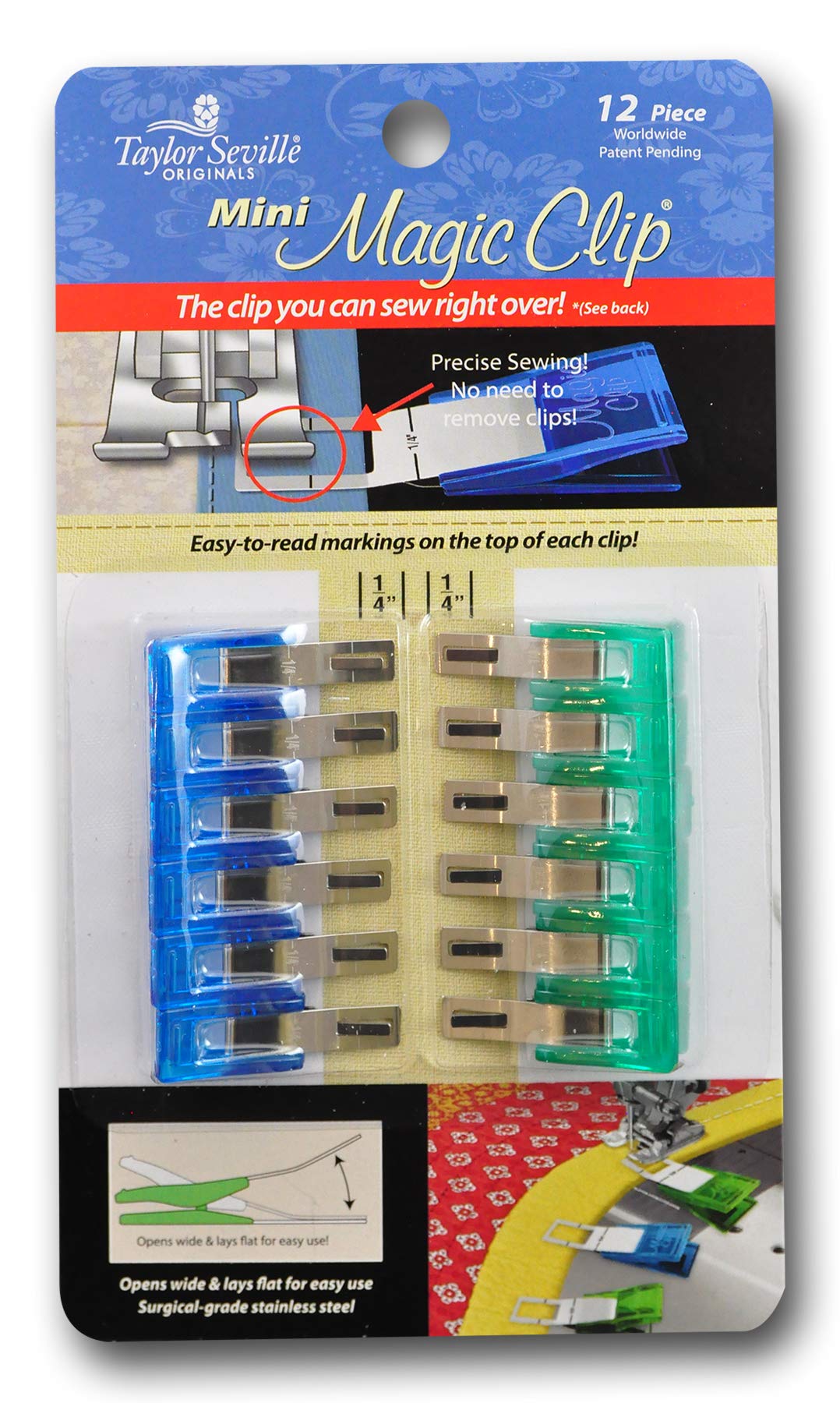 Taylor Seville Originals Mini Magic Clip Sewing and Quilting Clips - 12 Piece Set for Quilting, Sewing & Crafting - Perfect for Fabric Binding, Hemming & DIY Projects