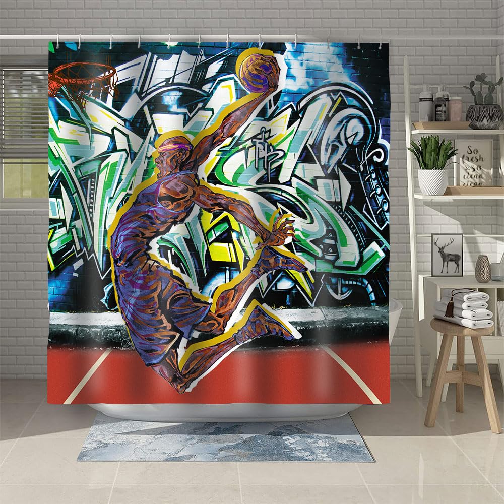 Basketball Shower Curtain - Sports Graffiti Design with High Contrast Silhouette of Dunking Athlete - 72x78 Inch Bathroom Decor for Boys, Teens & Sports Fans - Perfect for Game Room or Basketball Themed Bathroom