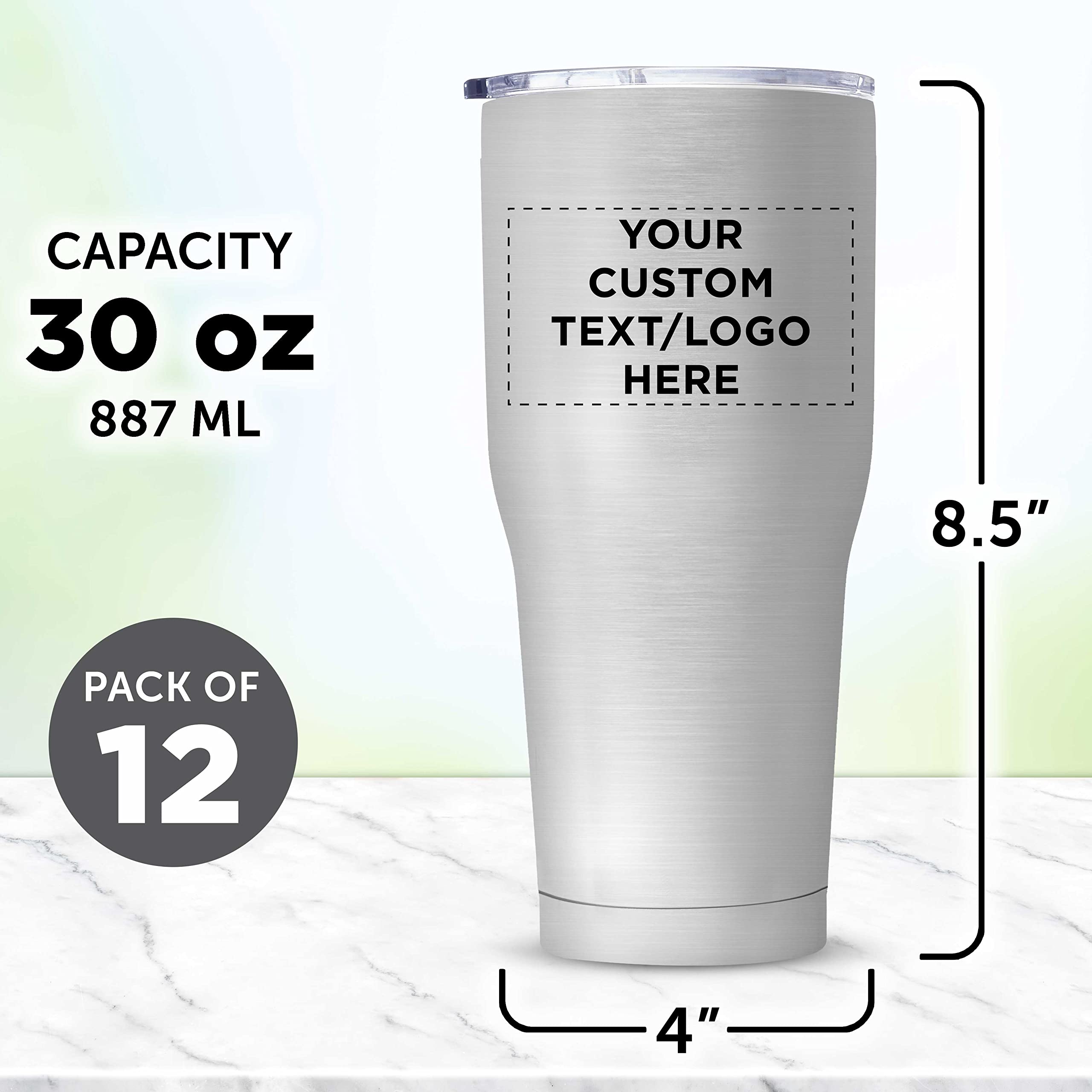 Custom 30 oz Big League Travel Tumblers - Set of 12 Personalized Stainless Steel Insulated Cups | Double Wall Vacuum Insulation for Coffee, Tea & Hot Cocoa | Perfect for Team Sports, Camping & Office Use - Silver Bulk Pack