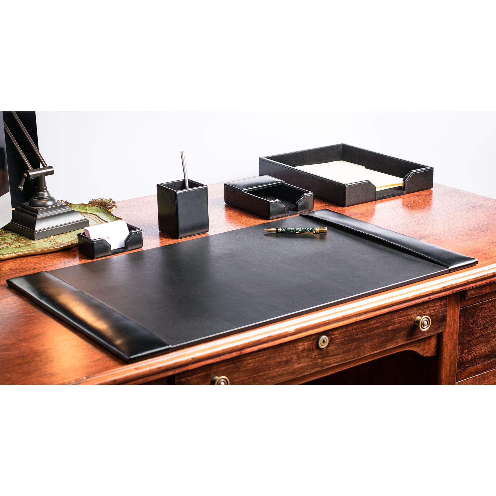 Dacasso Black Bonded Leather 5-Piece Office Desk Set - Includes Pen Holder, Letter Tray, and More for Home & Office Organization