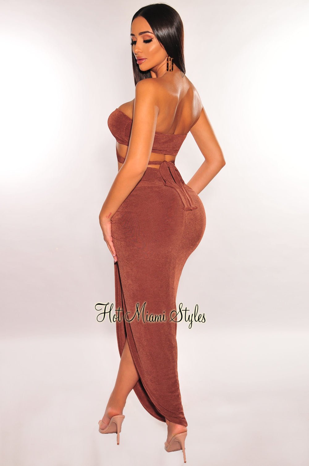 Sexy Chocolate Brown Strapless O-Ring Wrap Around Knotted Slit Skirt Two Piece Set - Perfect for Date Night, Club Outfits & Summer Fashion