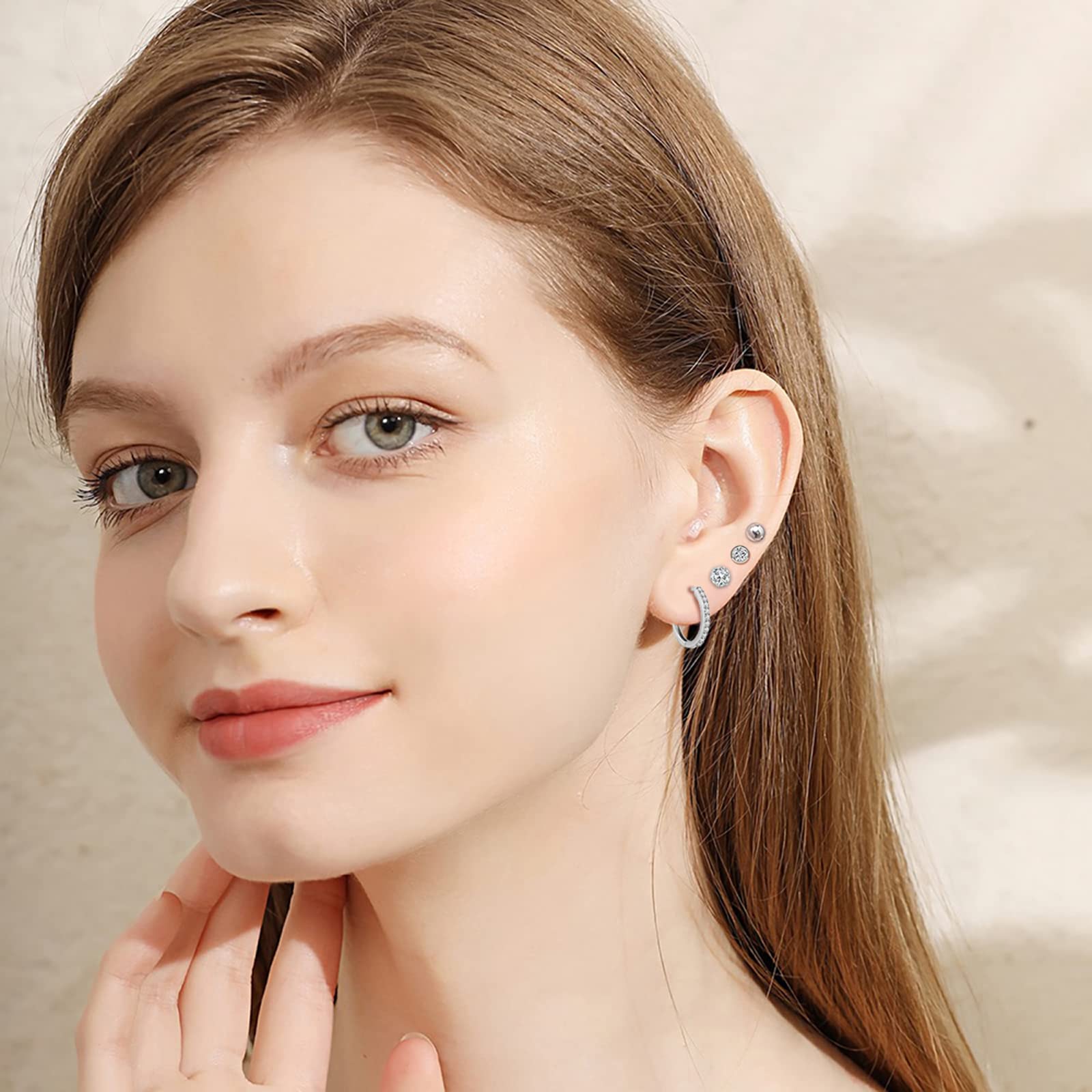 Sterling Silver Stud Earrings for Women - 3mm Cubic Zirconia Cartilage Earrings & 12mm Hoop Earrings Set | Hypoallergenic Sleepers for Everyday Wear, Gift for Her, Wedding & Party Jewelry