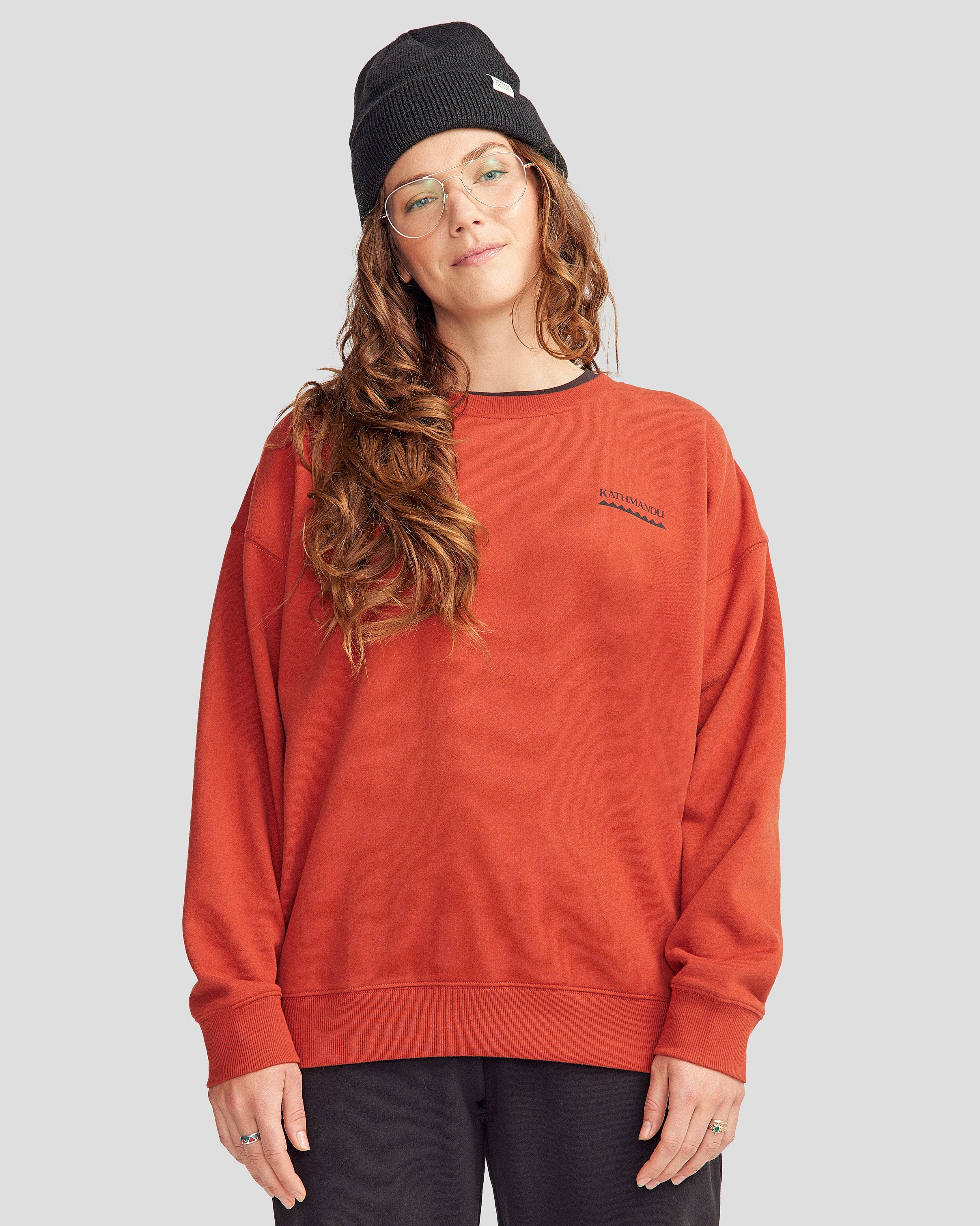 Heritage Logo Slouchy Brushed Crew Sweatshirt for Women - Cozy Redwood Pullover | Casual Outfit, Lounge Wear & Street Style Fashion