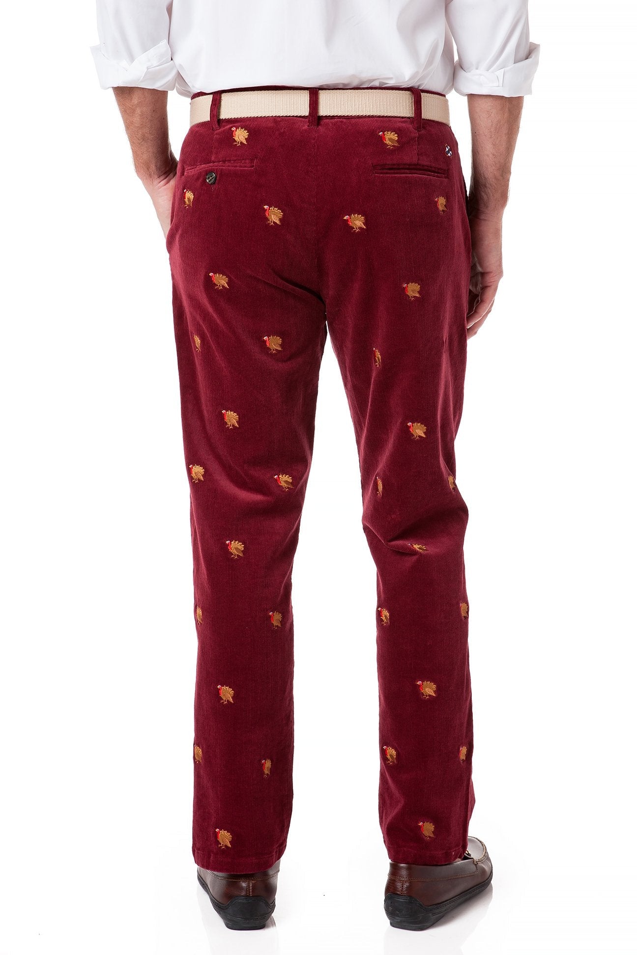 Beachcomber Corduroy Pants for Women - Merlot Wine Color with Turkey Print - Comfortable & Stylish Casual Pants for Fall & Winter Wear