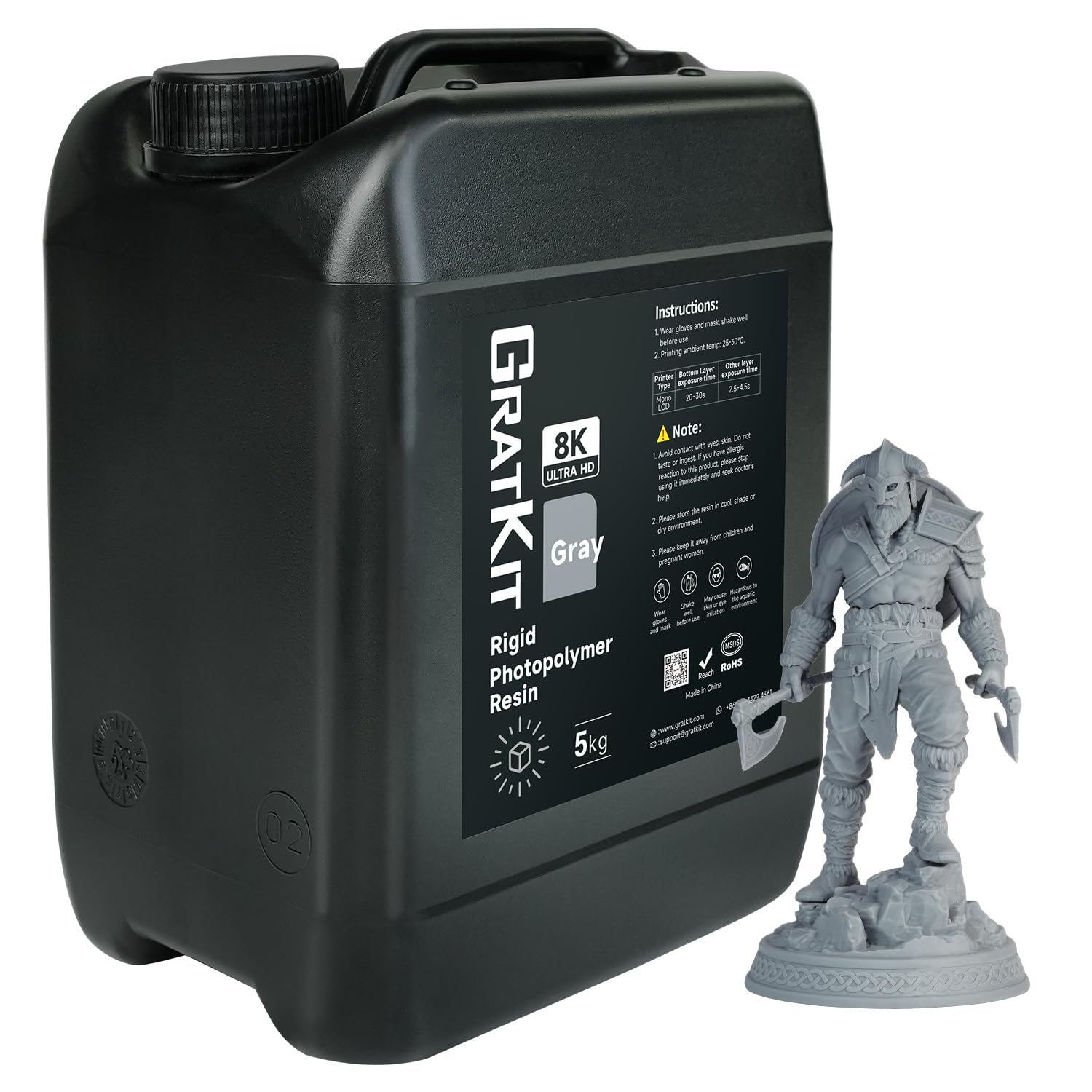 High Precision 8K Rigid 3D Printer Resin - 405nm UV-Curing Photopolymer Resin with Low Odor (5000g, Gray) - Ideal for Miniatures, Jewelry, Dental Models & Engineering Prototypes