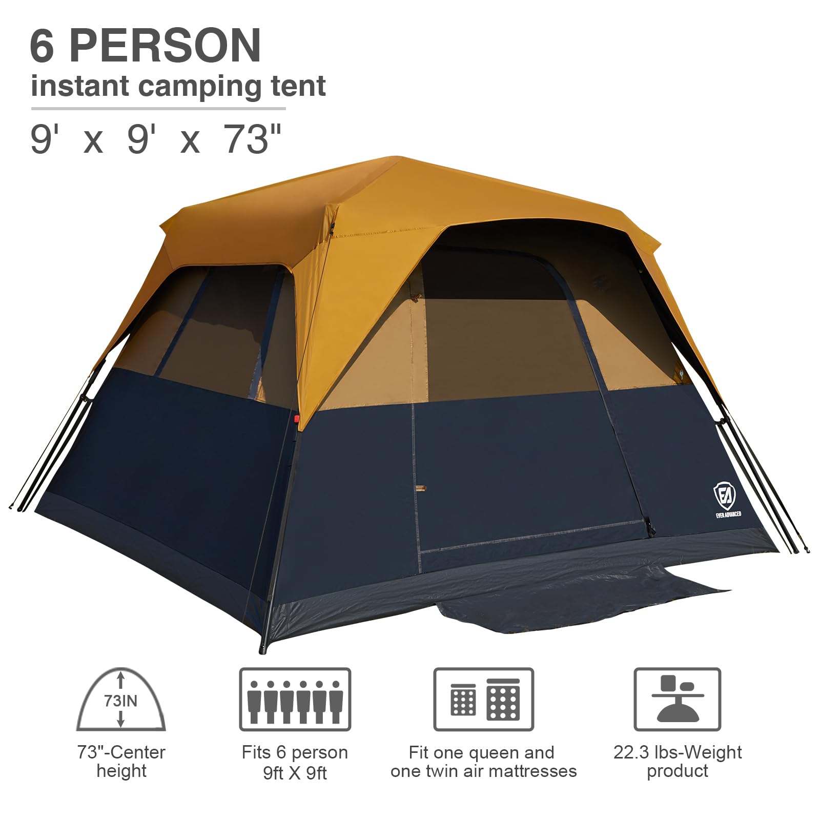 EVER ADVANCED 6-Person Instant Cabin Tent - Family Camping Tent with Rainfly, 60-Second Setup, Water-Resistant & Blackout Technology - Perfect for Backpacking, Hiking, and Outdoor Adventures