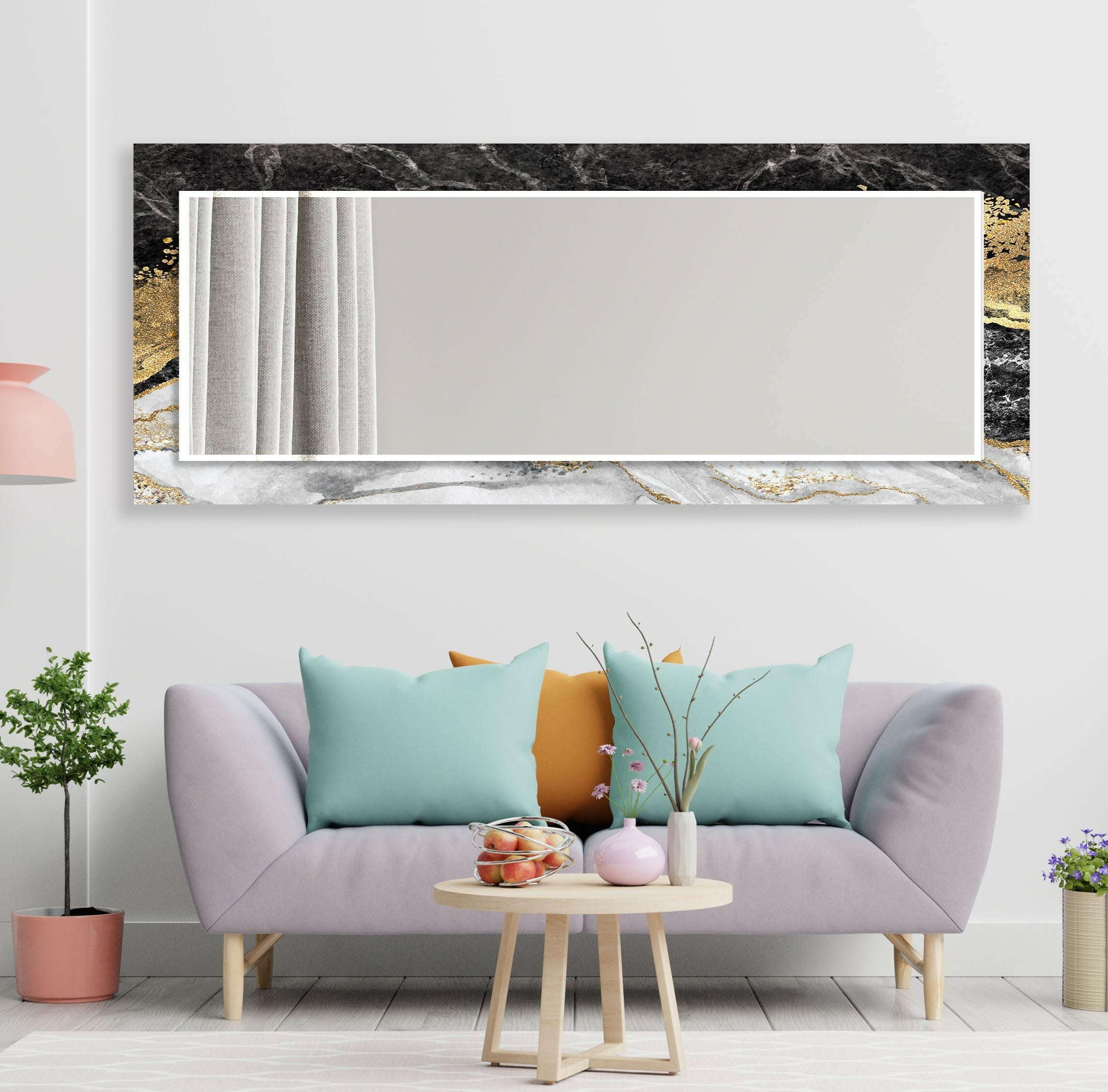 Elegant Black Marble Gold Frame Wall Mirror - Modern Home Decor for Living Room, Bedroom & Entryway