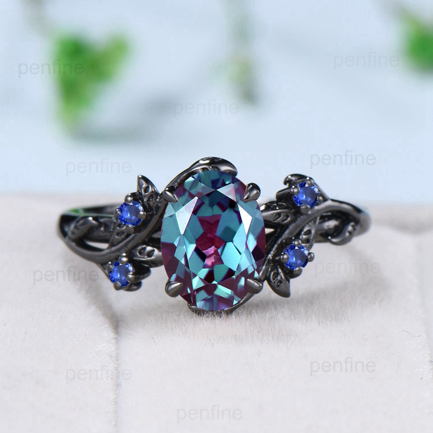 Nature Inspired Alexandrite Leaf Ring Set - Black Gold Branch Twig Color Changing Engagement Ring - Unique Sapphire Wedding Ring for Women - Perfect for Engagement, Wedding & Anniversary Gifts