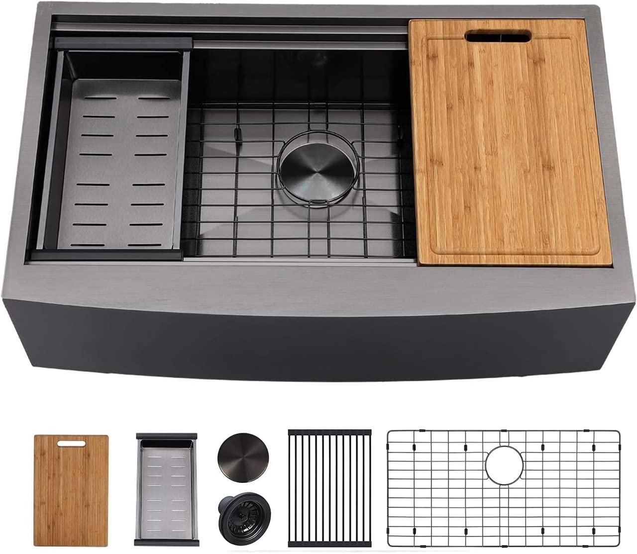 VESLA HOME 33x22 Inch Single Bowl Stainless Steel Black Farmhouse Kitchen Sink - Apron Front Workstation Undermount Sink with Accessories for Modern Farmhouse & Rustic Style Kitchens