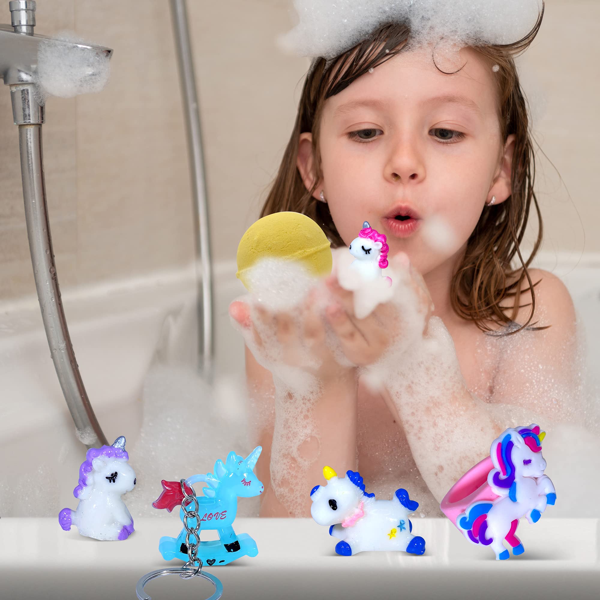 Unicorn Bath Bombs for Kids with Surprise Toys Inside - Includes Cute Ring, Keychain, Necklace & Bonus Purse | Handmade Easter Gift Set for Girls | Fun Bath Time & Birthday Party Favors