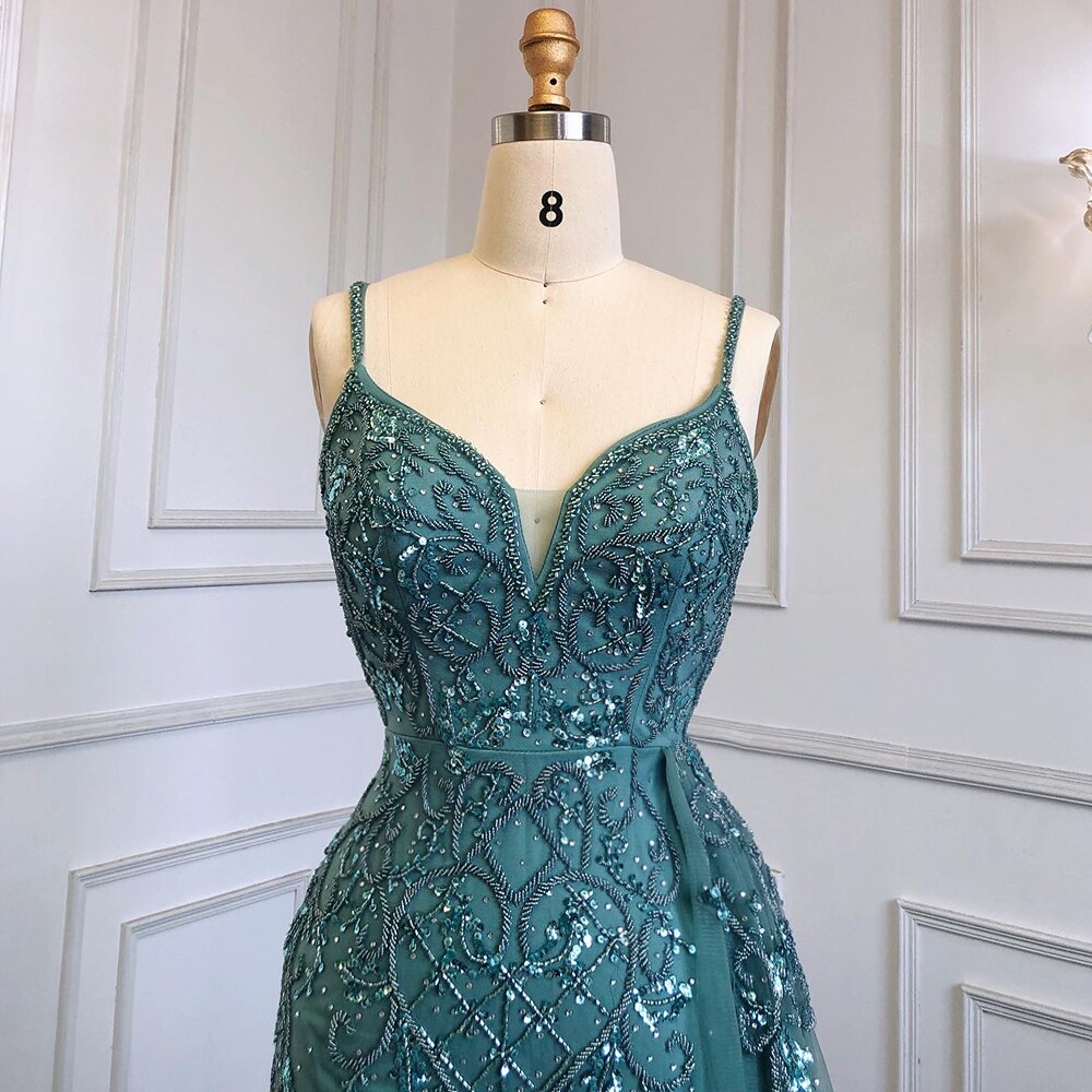 Elegant Green Spaghetti Strap Mermaid Evening Gown with High Split & Beaded Details - Arabic Inspired Party Dress for Women 2025 | Perfect for Formal Events, Weddings & Special Occasions