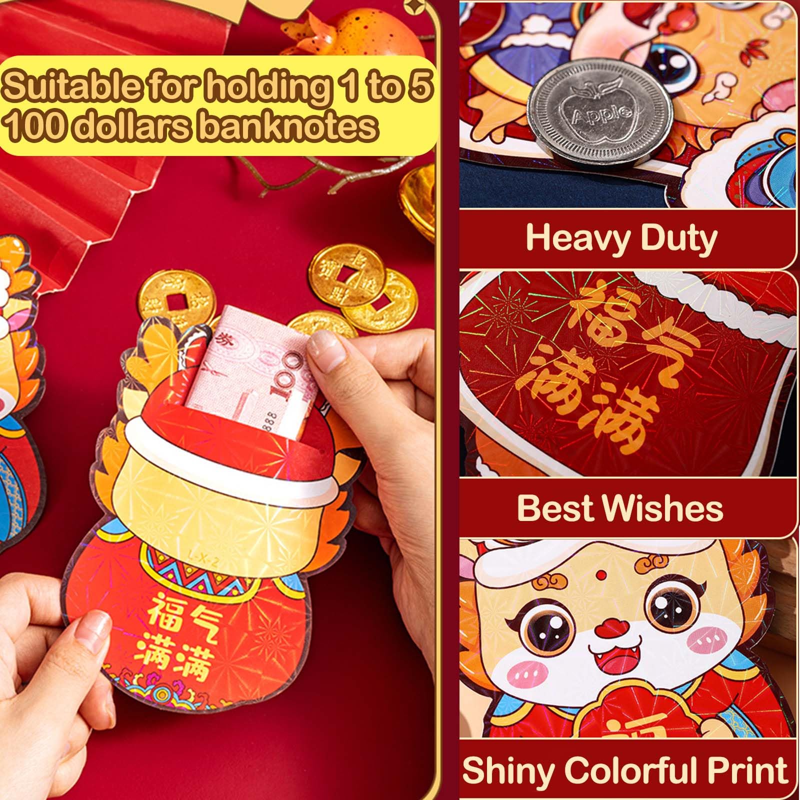 18 Pcs Chinese New Year 2024 Red Envelopes - Cute Dragon Design Lucky Money Envelopes for Lunar New Year Gifts, Spring Festival, Birthday & Wedding Celebrations (Hong Bao)