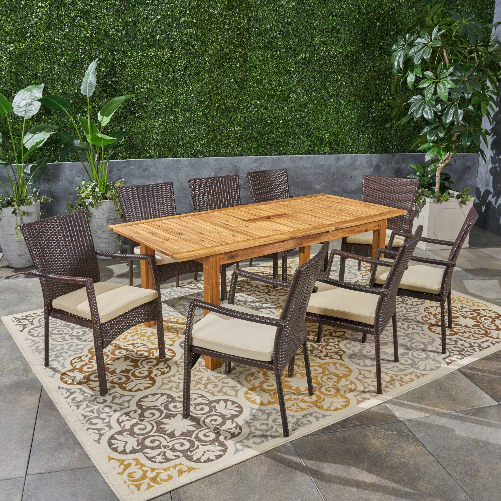 9-Piece Natural Finish Outdoor Patio Dining Set with Expandable Table & Cream Cushions - Contemporary Waterproof Rattan Furniture for Backyard, Garden, Poolside Entertaining