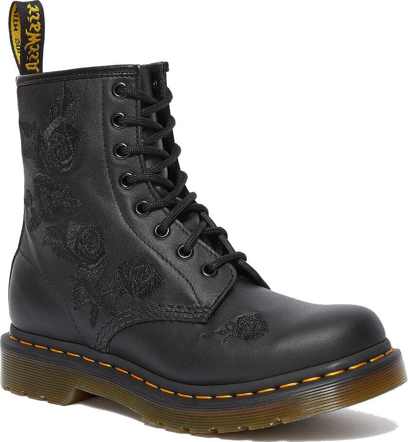 Dr. Martens 1460 Vonda Mono Floral Boots for Women - Embroidered Leather Ankle Boots with Floral Design | Perfect for Casual Outfits, Street Style & Festival Fashion