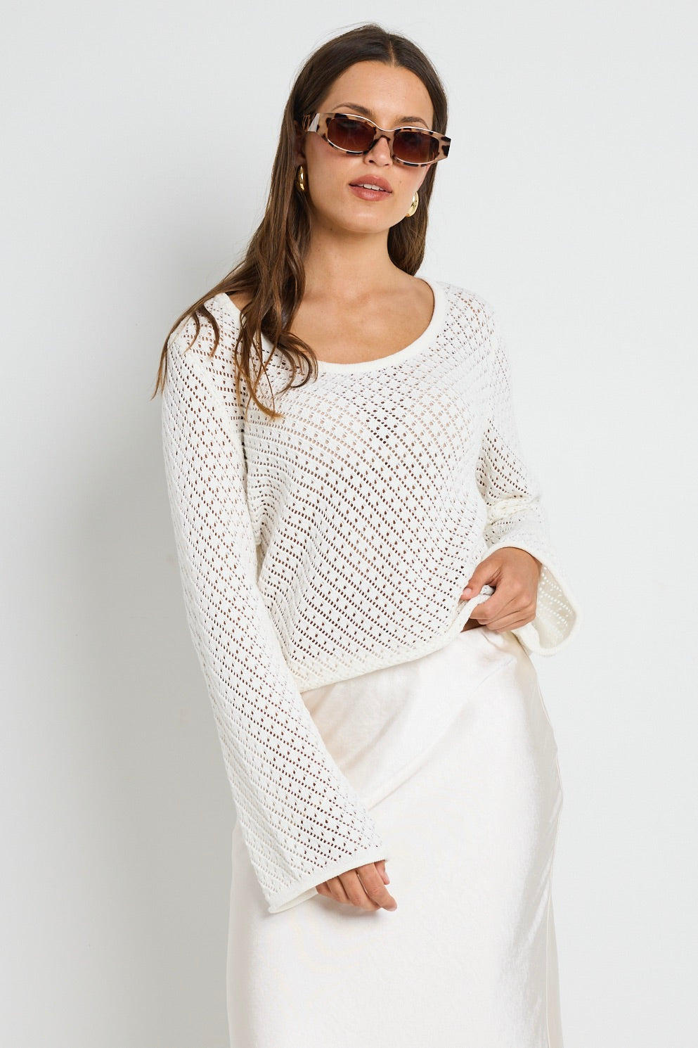 Aurora Ivory Scoop Neck Crochet Knit Jumper Sweater - Women's Elegant Lace Pullover for Fall & Winter, Perfect for Dates, Parties and Office Wear