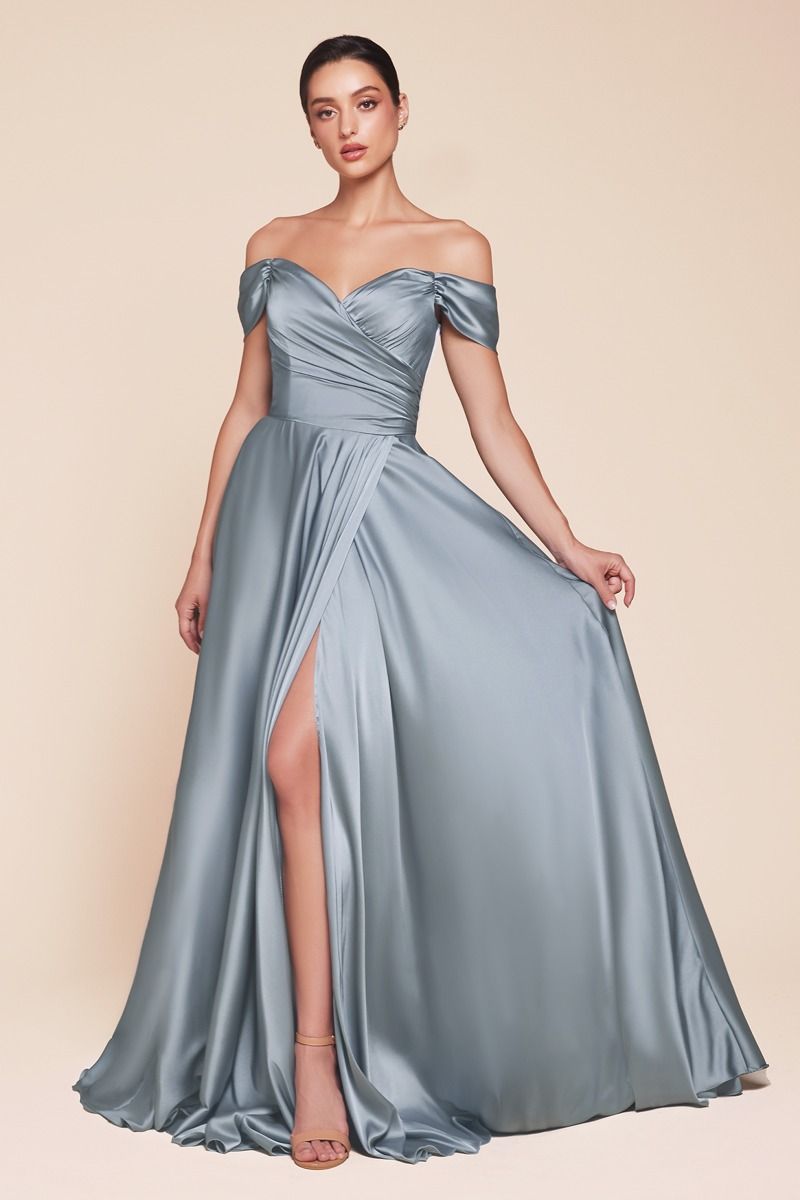 Jillian Gown - Dusty Blue A-Line Soft Satin Off-the-Shoulder Dress for Weddings, Prom & Special Occasions