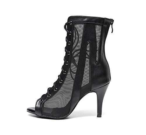 Sexy Black Open Toe Dance Boots for Women - 8.5cm High Heel Microfiber Net Shoes | Perfect for Latin, Ballroom & Stage Performances