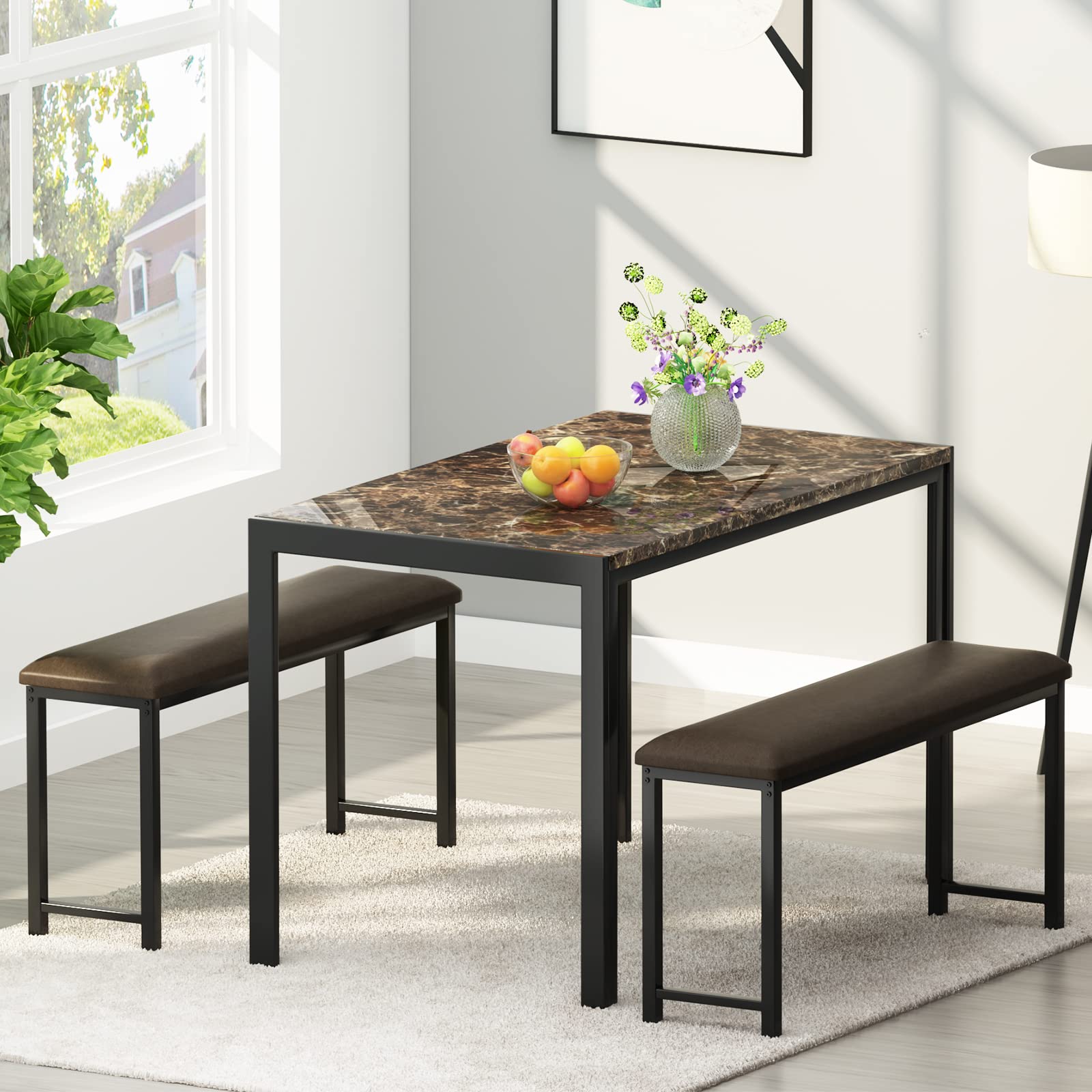 DKLGG 4-Piece Faux Marble Dining Table Set with PU Leather Benches - Modern Kitchen Table & Chairs for Small Spaces, Apartments | Perfect for Breakfast Nook, Small Kitchen, Studio Apartment Dining
